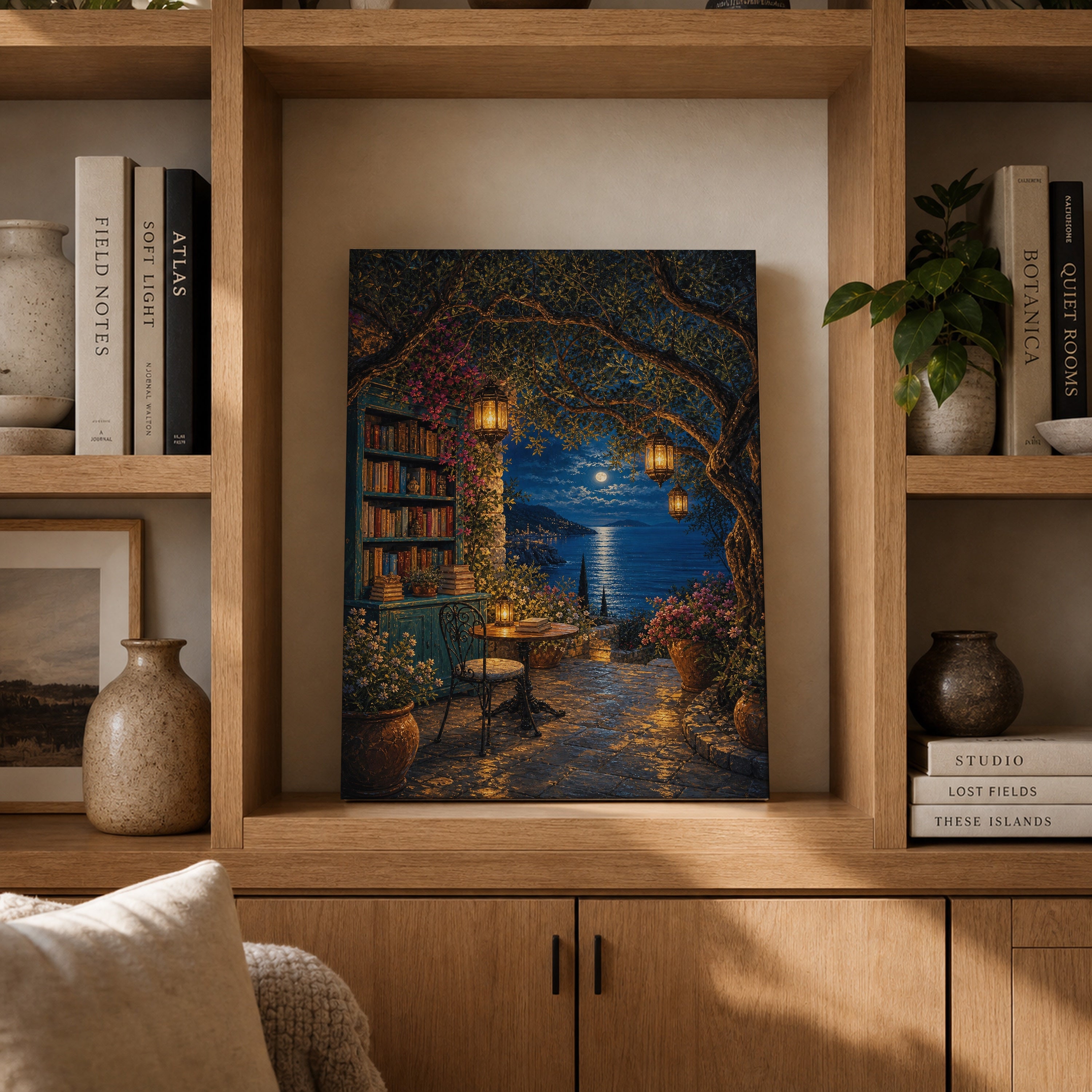 Moonlit Library Window canvas gallery shelf mockup by Seji Art