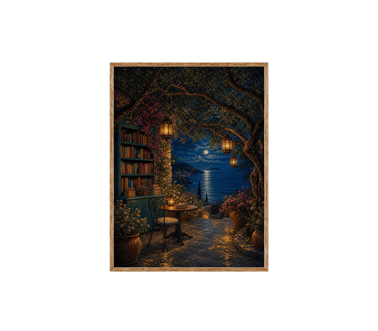 Moonlit Library Window Wall Art Print
