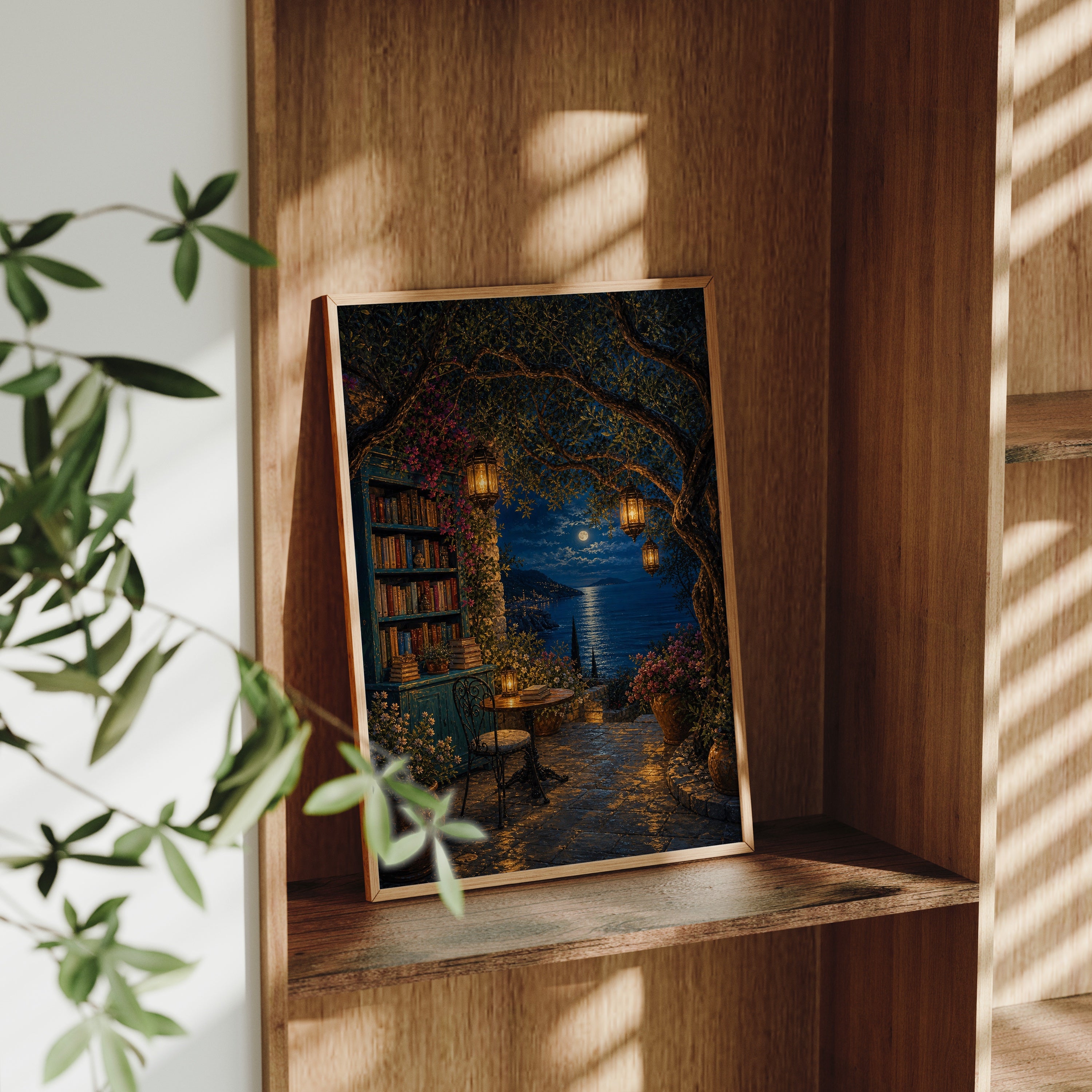 Moonlit Library Window poster gallery shelf mockup by Seji Art