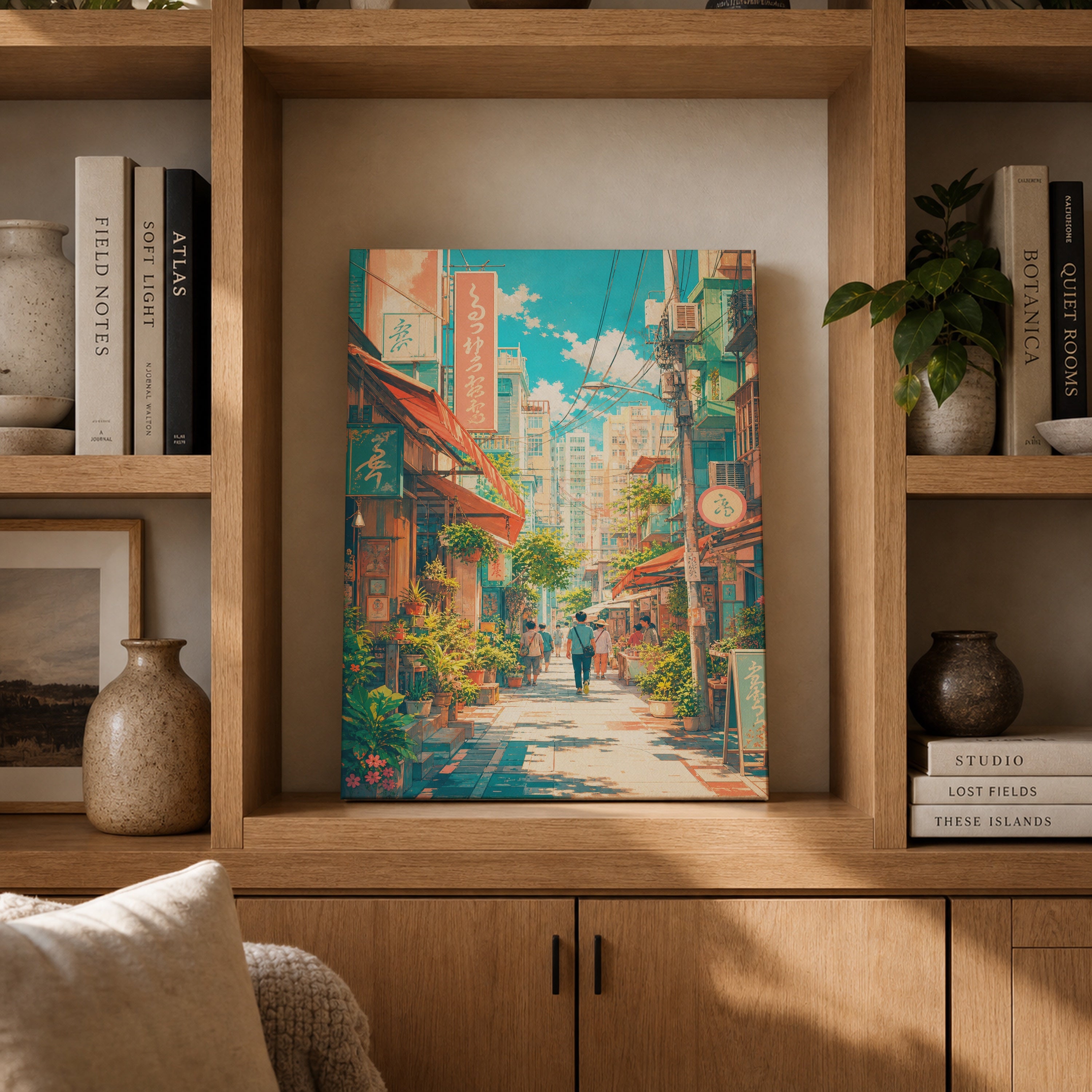 Nakameguro Tokyo Afternoon Shopping Street canvas gallery shelf mockup by Seji Art