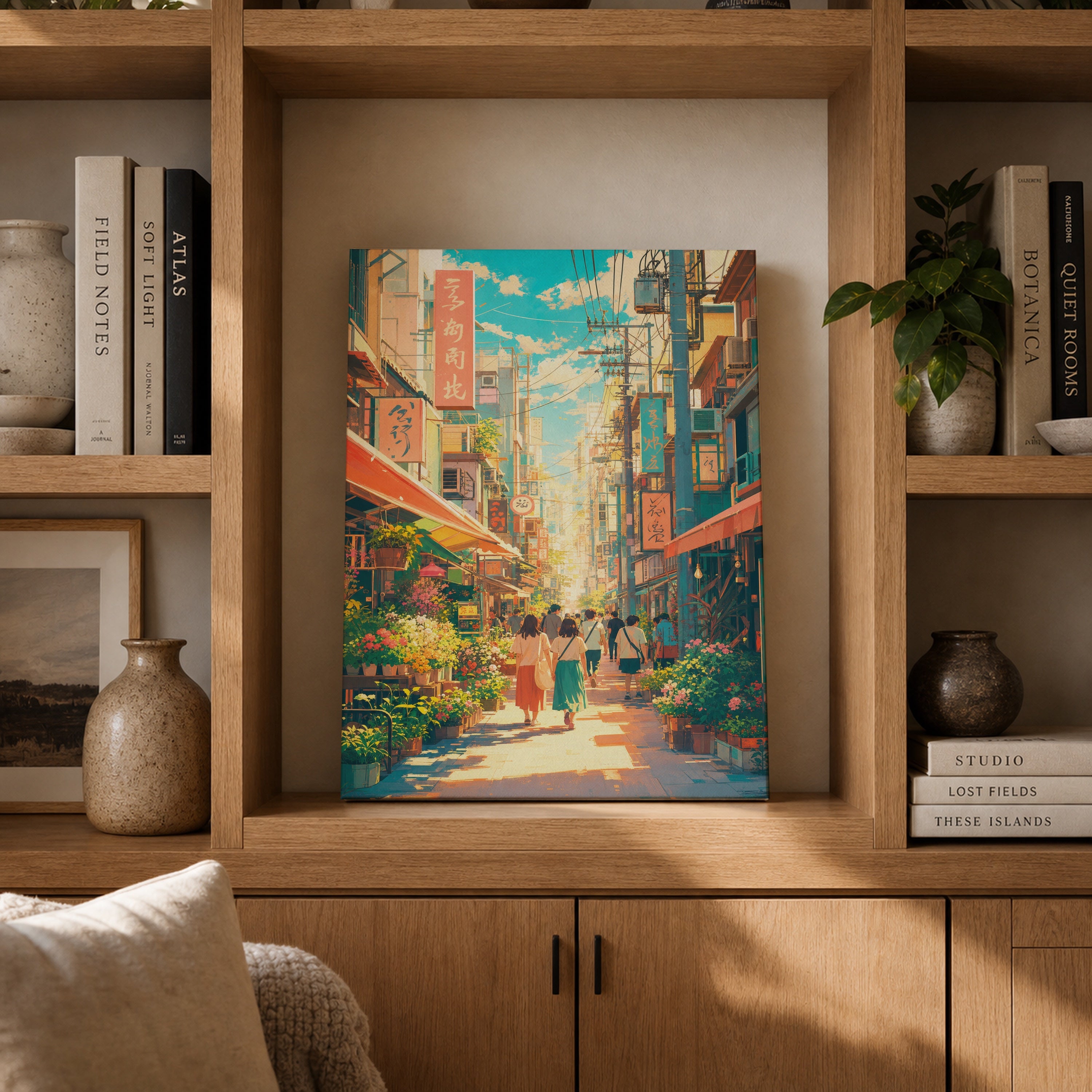 Nakano Tokyo Flower Shopping Street canvas gallery shelf mockup by Seji Art