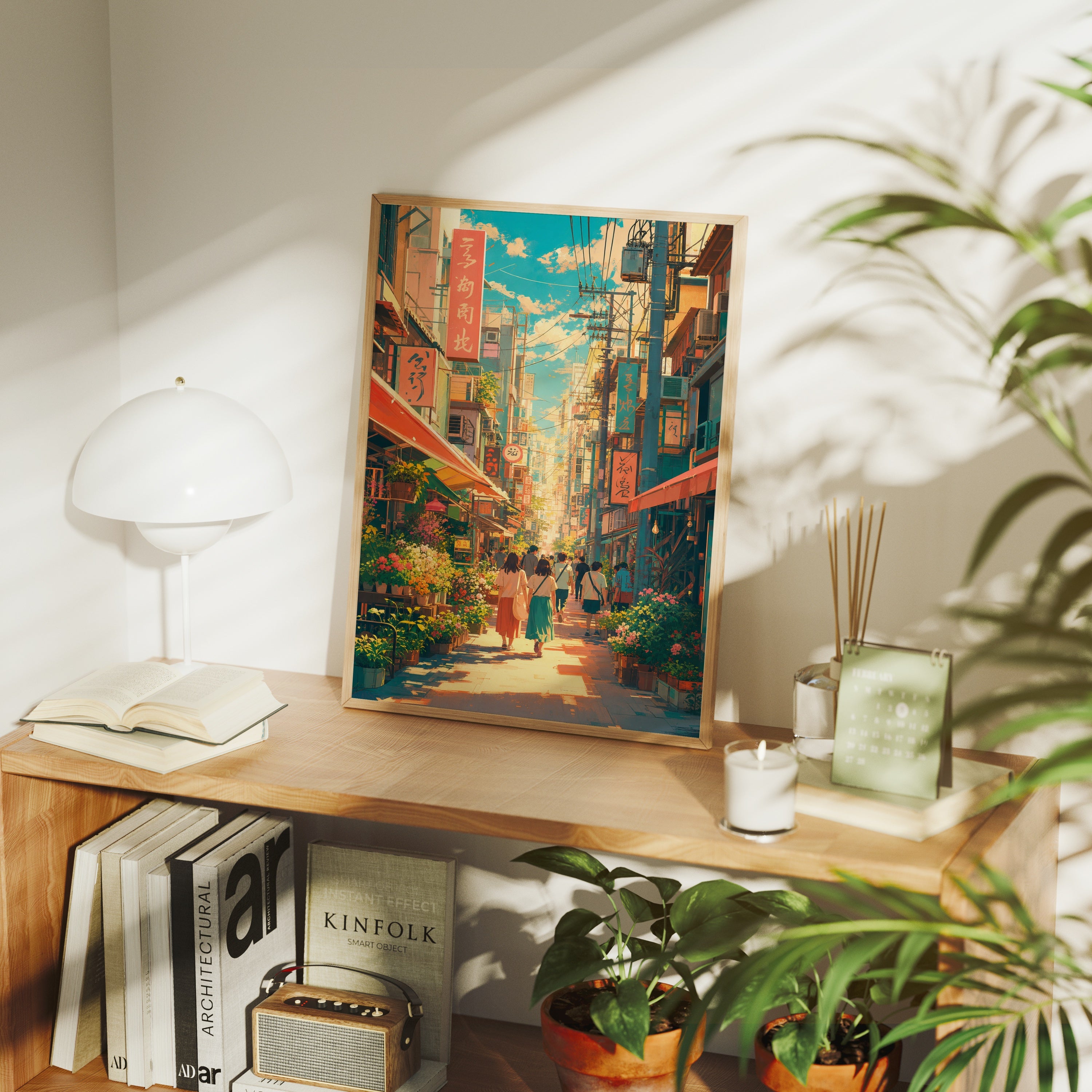 Nakano Tokyo Flower Shopping Street poster framed room mockup by Seji Art