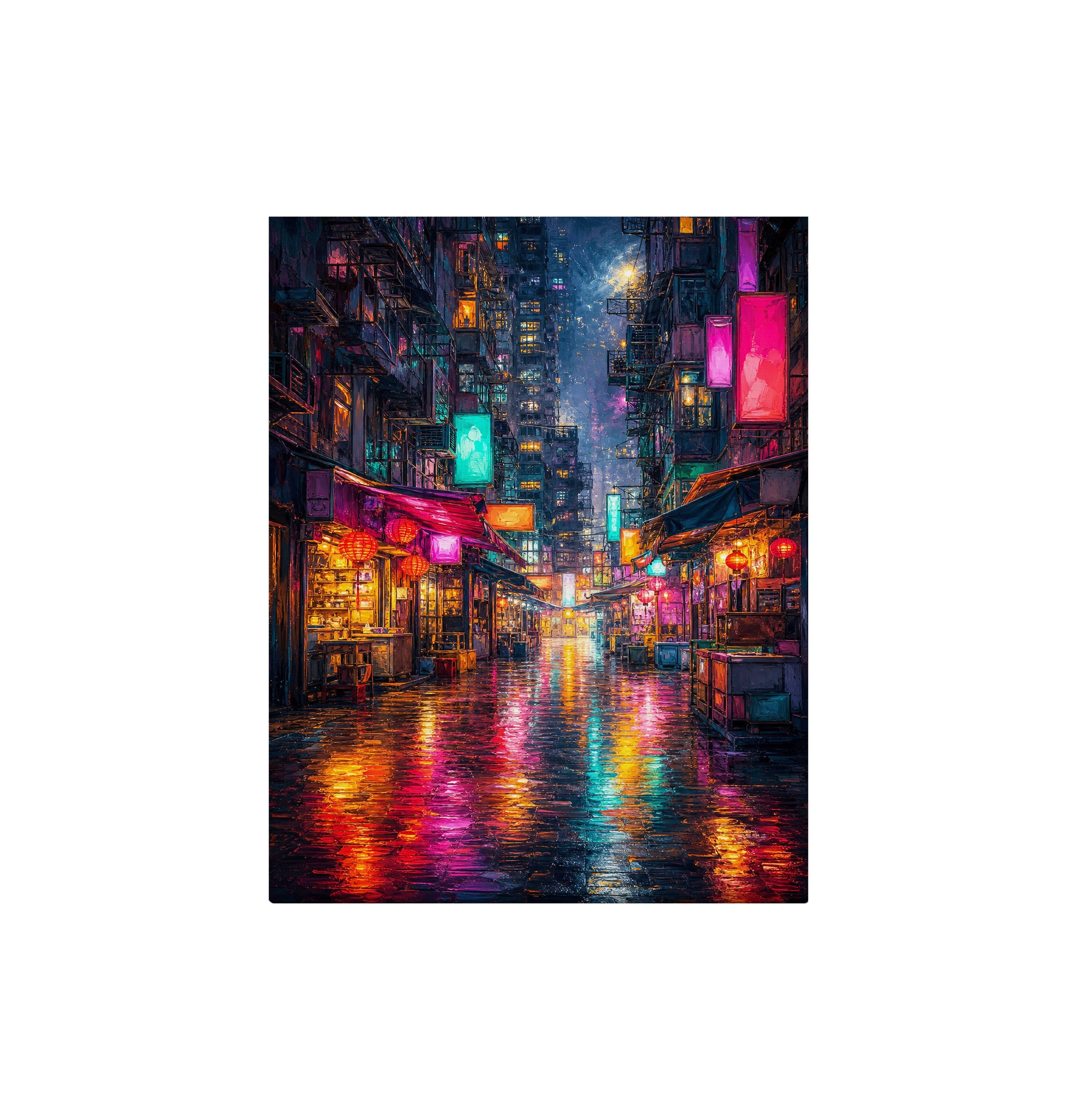 Neon Alley Rain Street canvas wall art preview by Seji Art