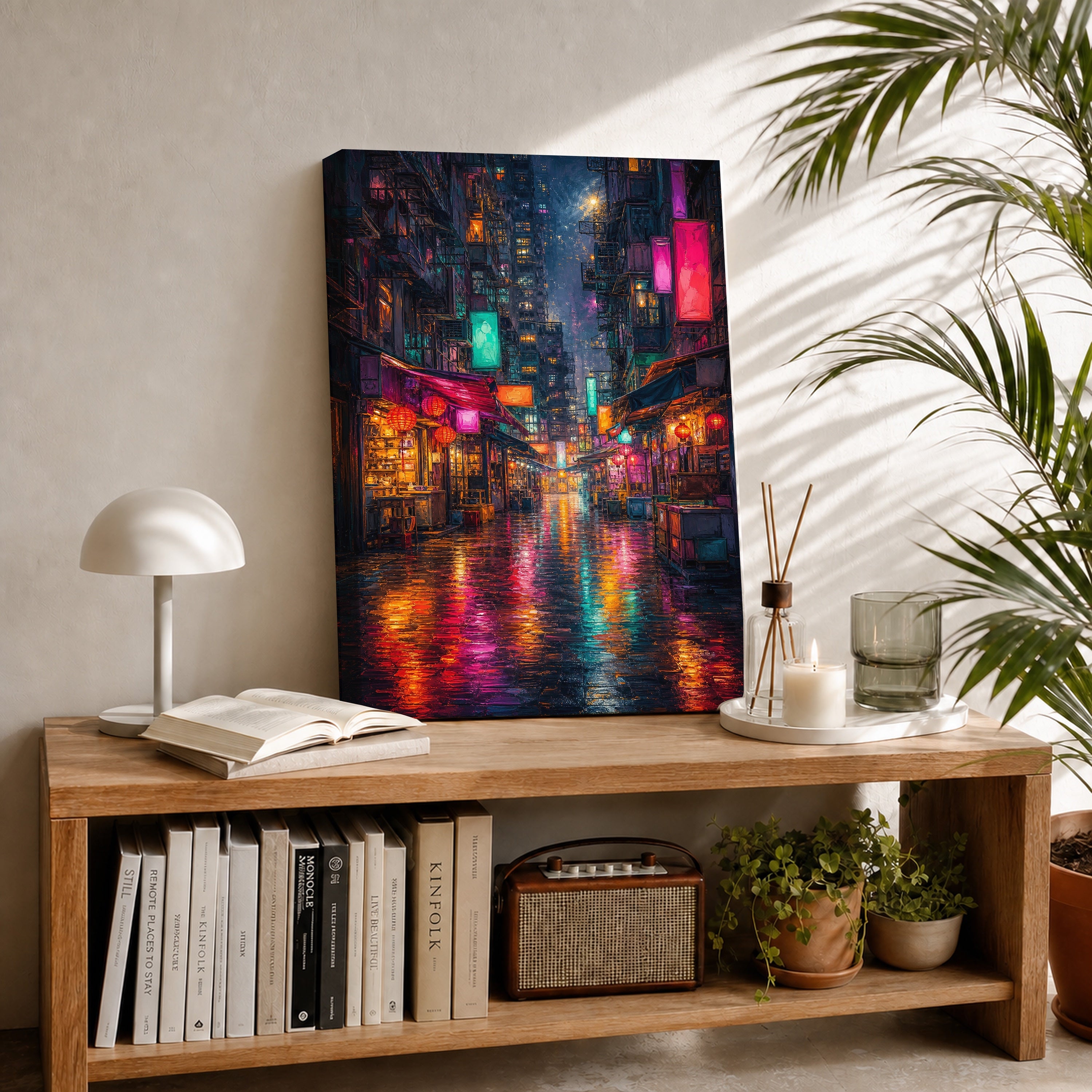 Neon Alley Rain Street canvas room mockup by Seji Art