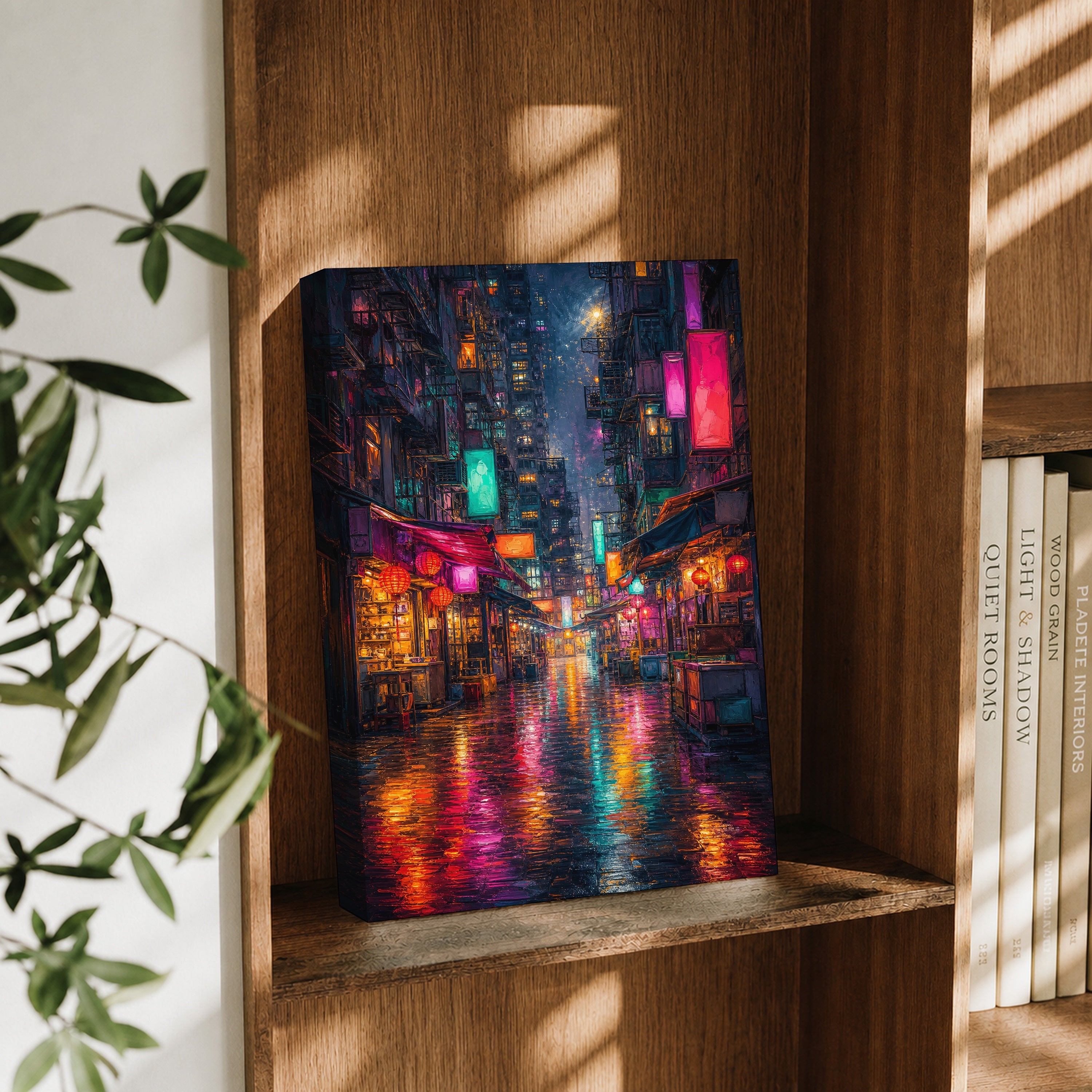 Neon Alley Rain Street canvas wall art decor mockup by Seji Art