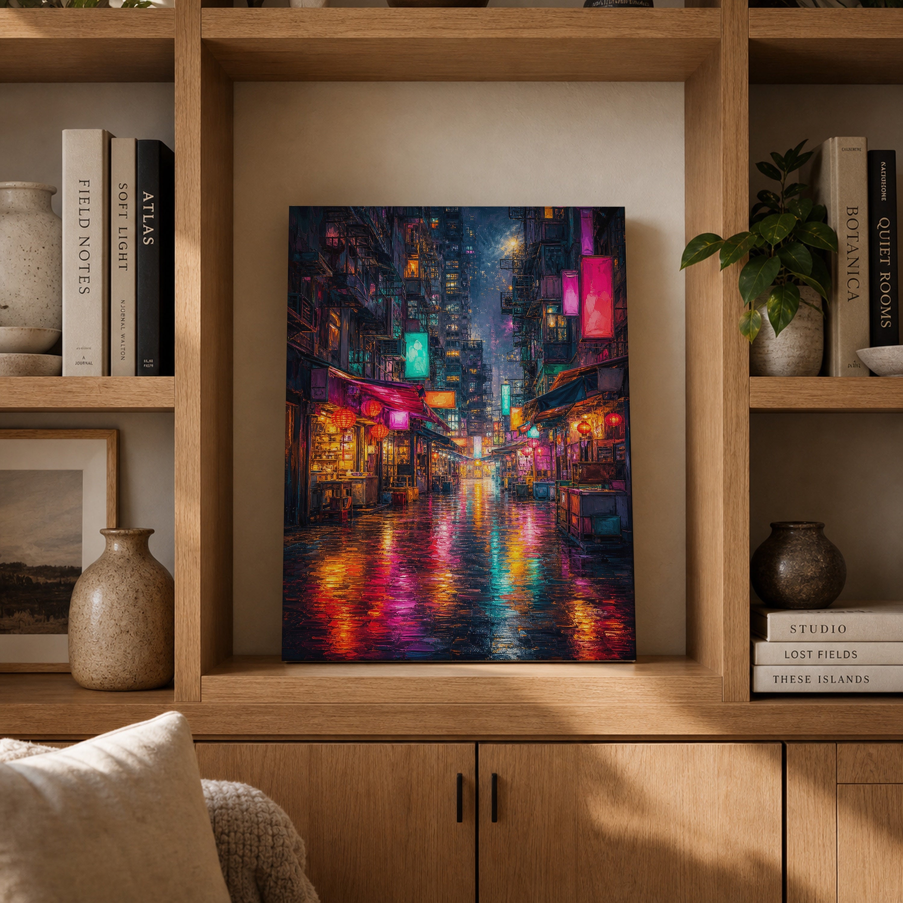 Neon Alley Rain Street canvas gallery shelf mockup by Seji Art