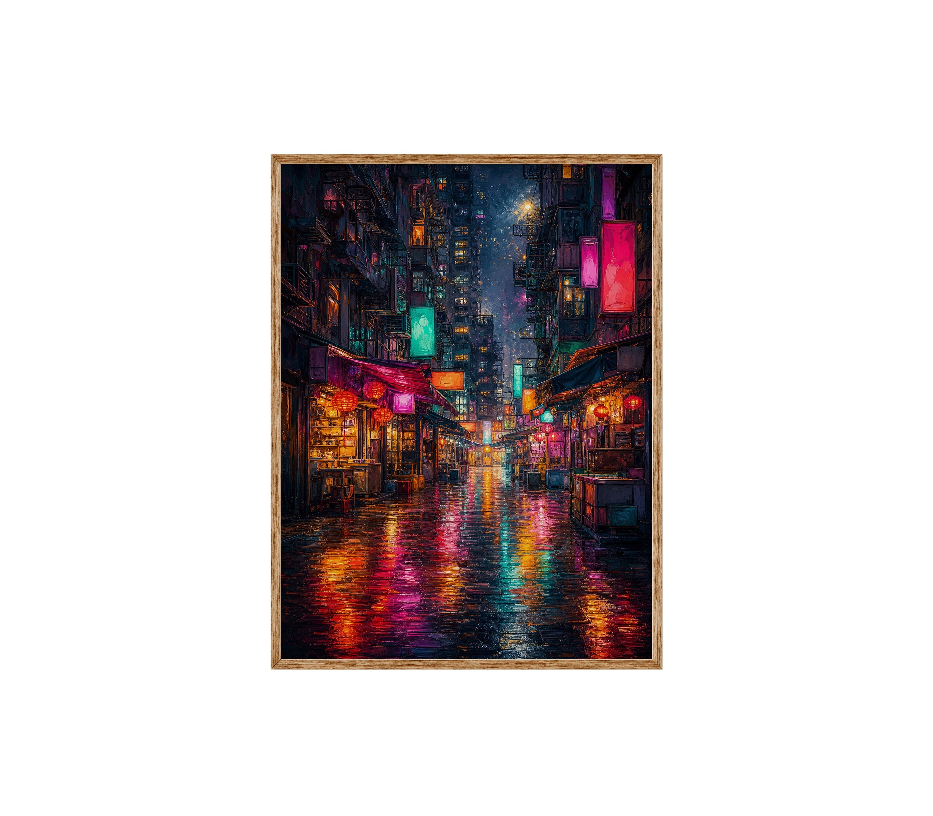 Neon Alley Rain Street poster print preview by Seji Art