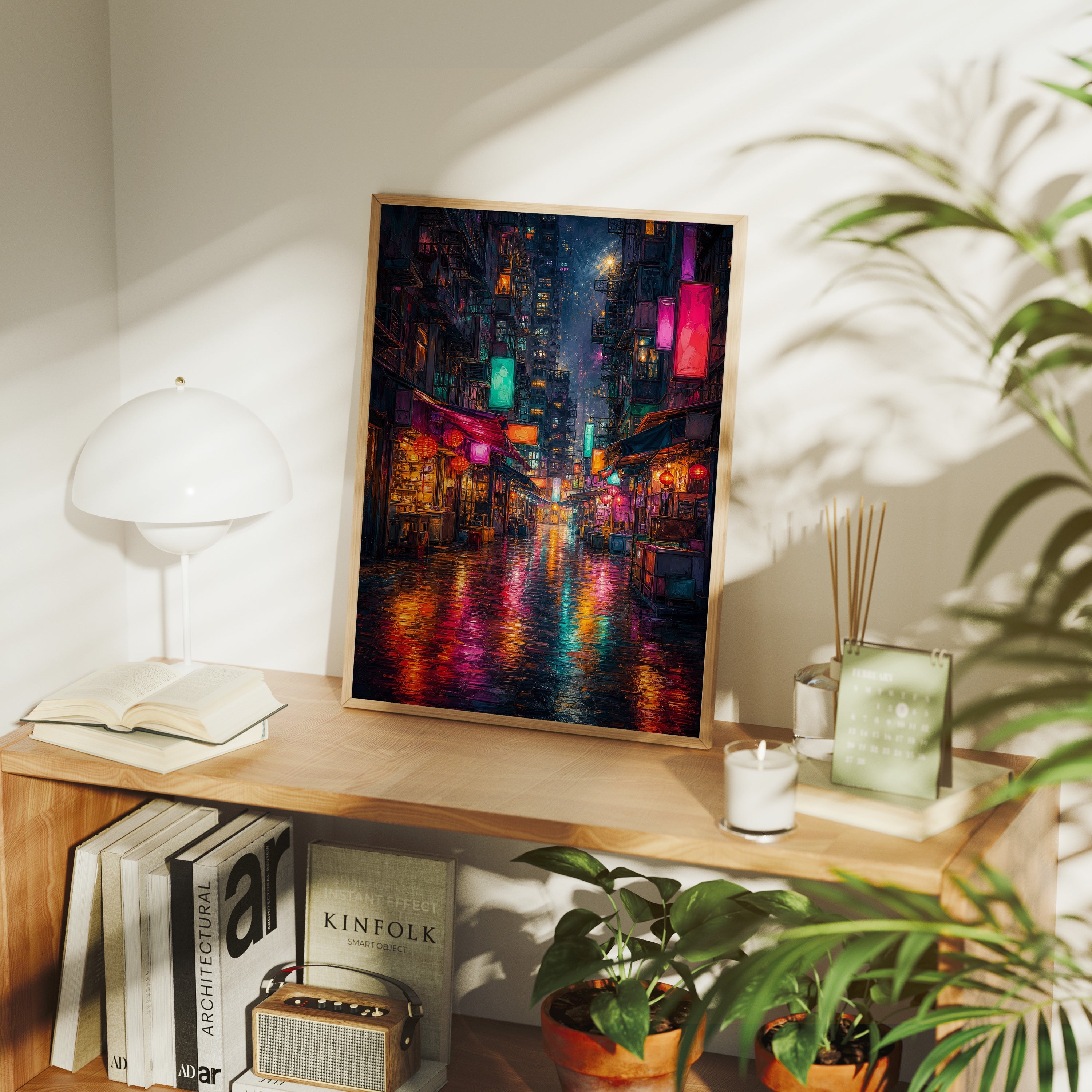 Neon Alley Rain Street poster framed room mockup by Seji Art