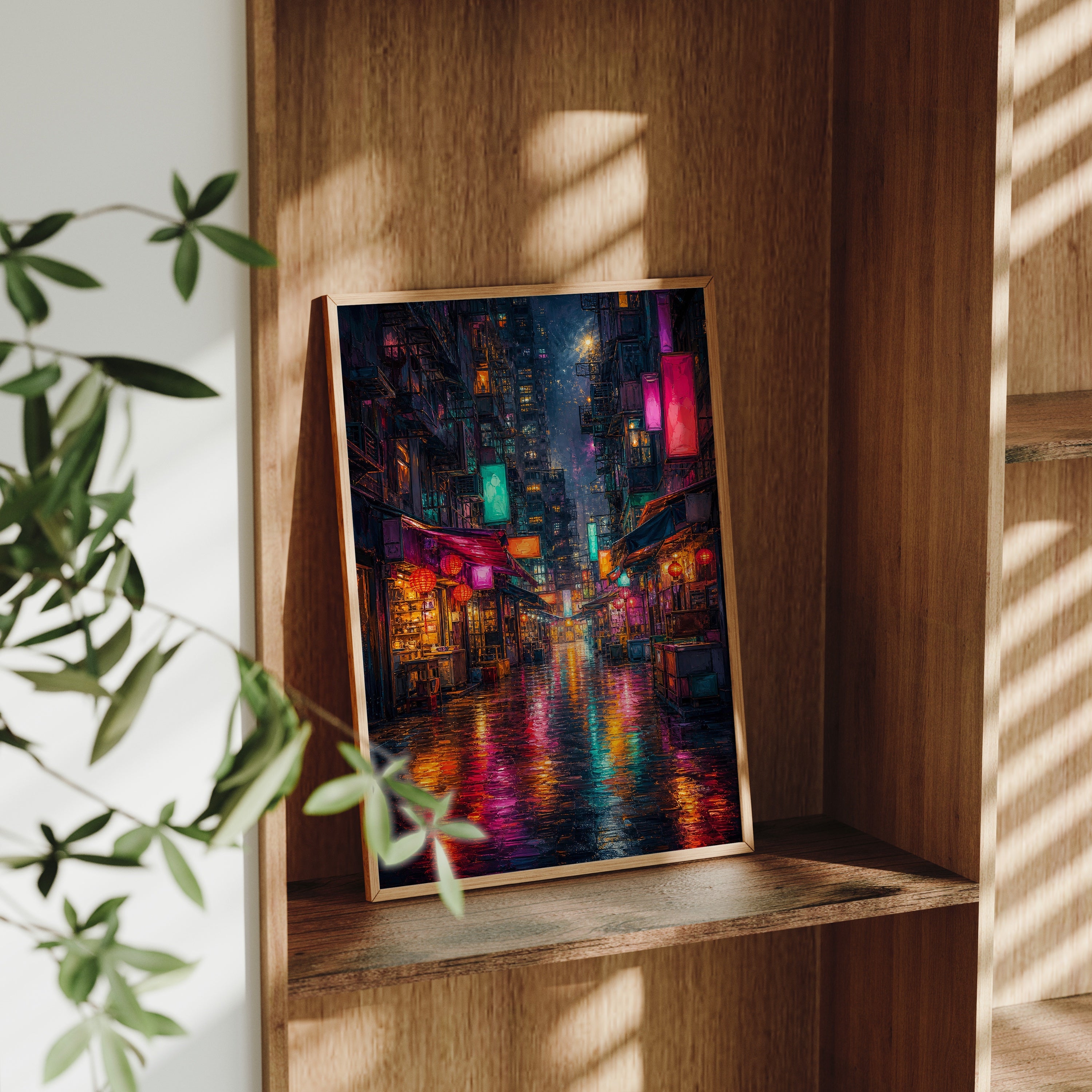 Neon Alley Rain Street poster gallery shelf mockup by Seji Art