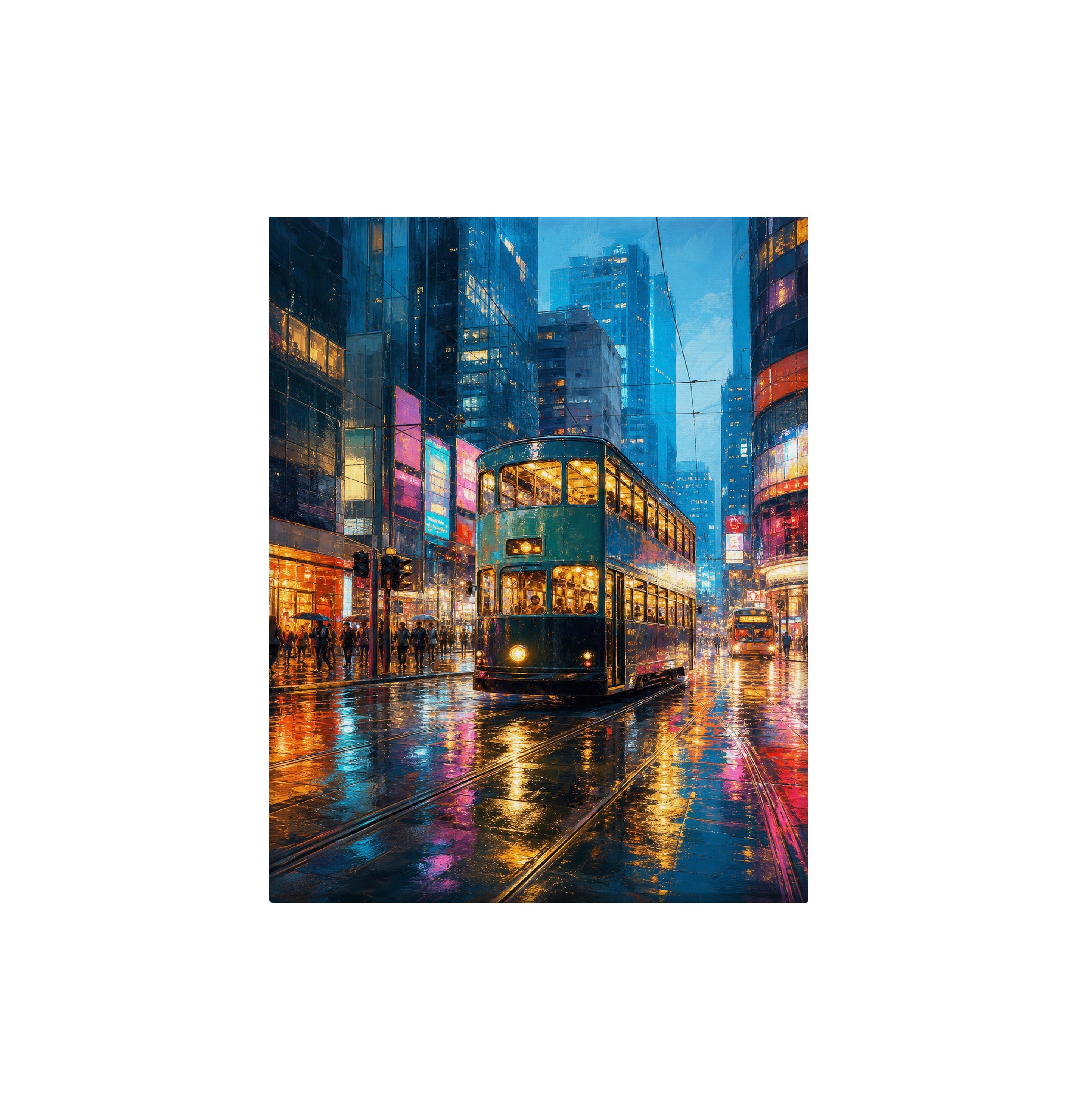 Neon Bus Rain Avenue canvas wall art preview by Seji Art