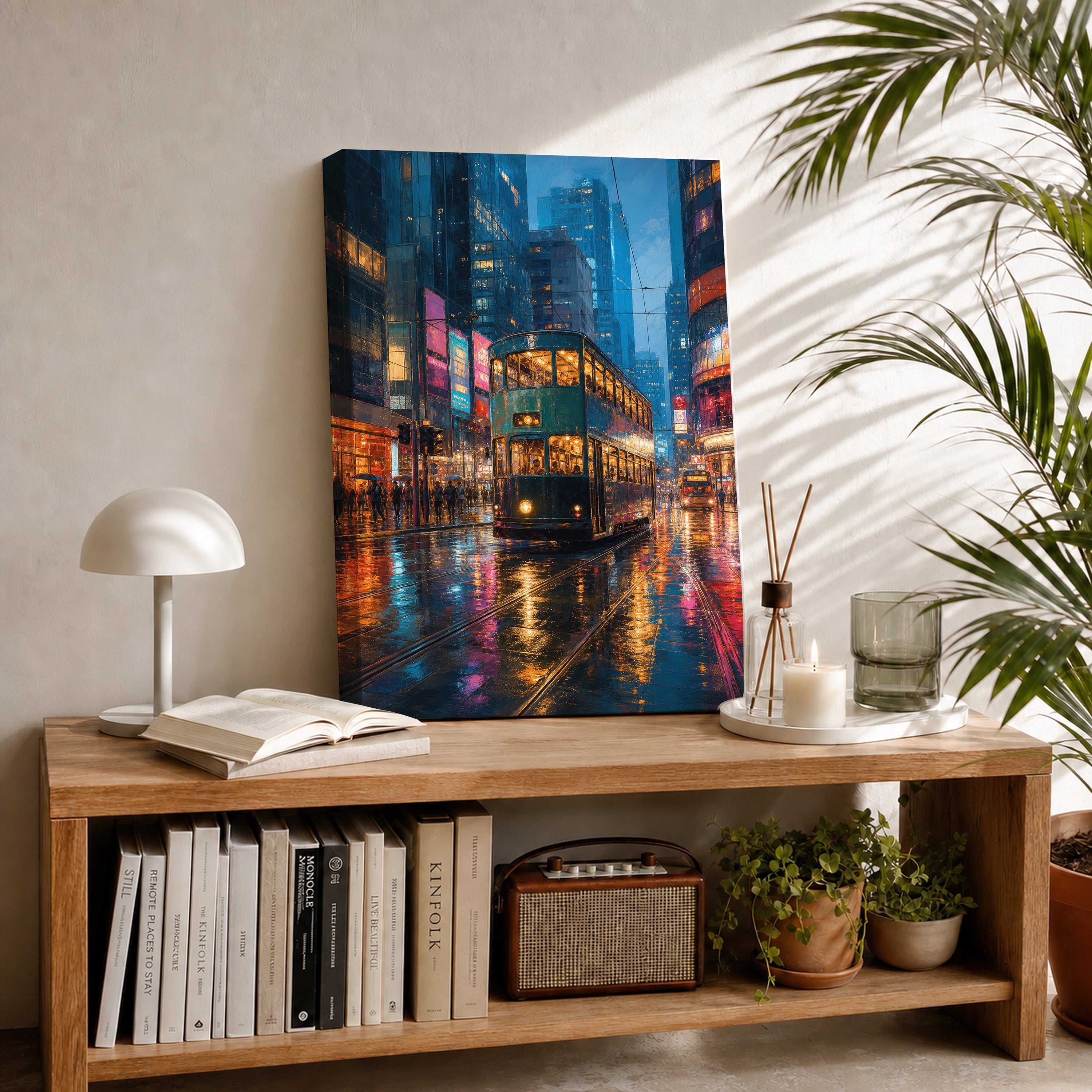 Neon Bus Rain Avenue canvas room mockup by Seji Art