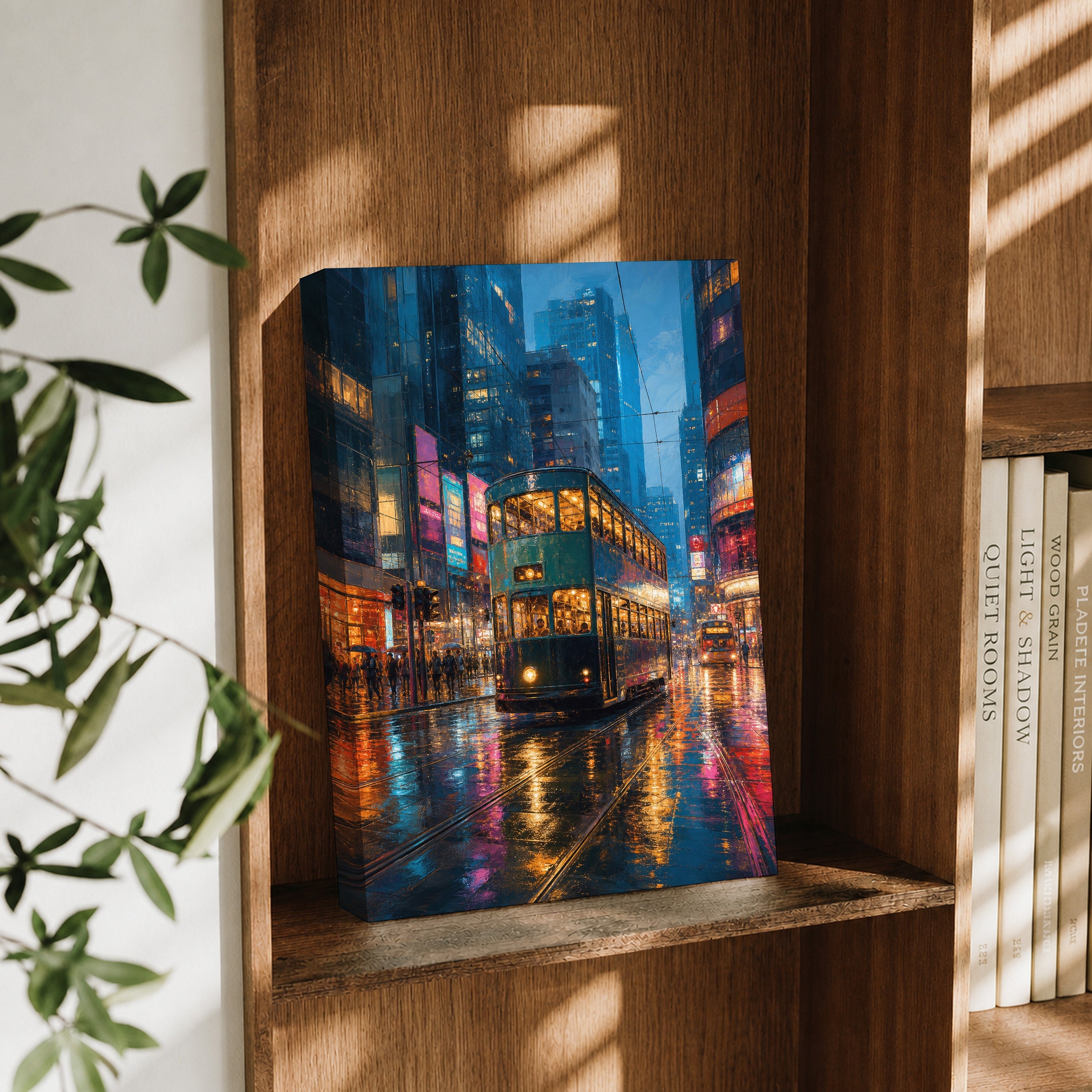 Neon Bus Rain Avenue canvas wall art decor mockup by Seji Art
