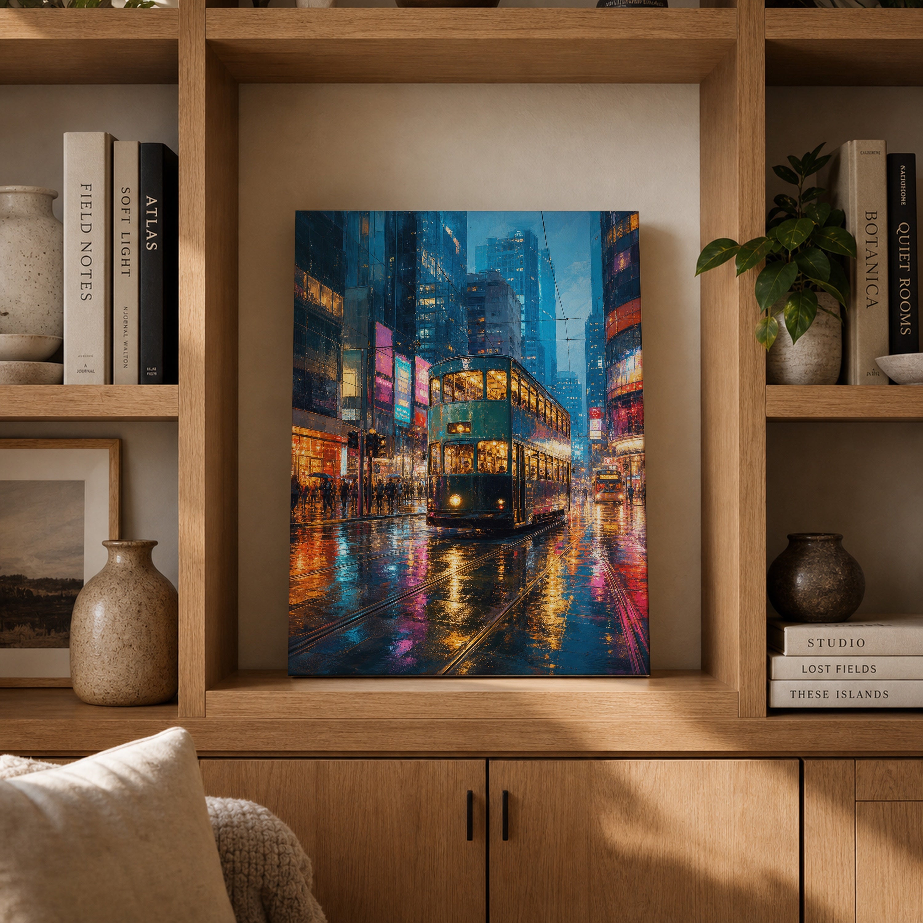 Neon Bus Rain Avenue canvas gallery shelf mockup by Seji Art