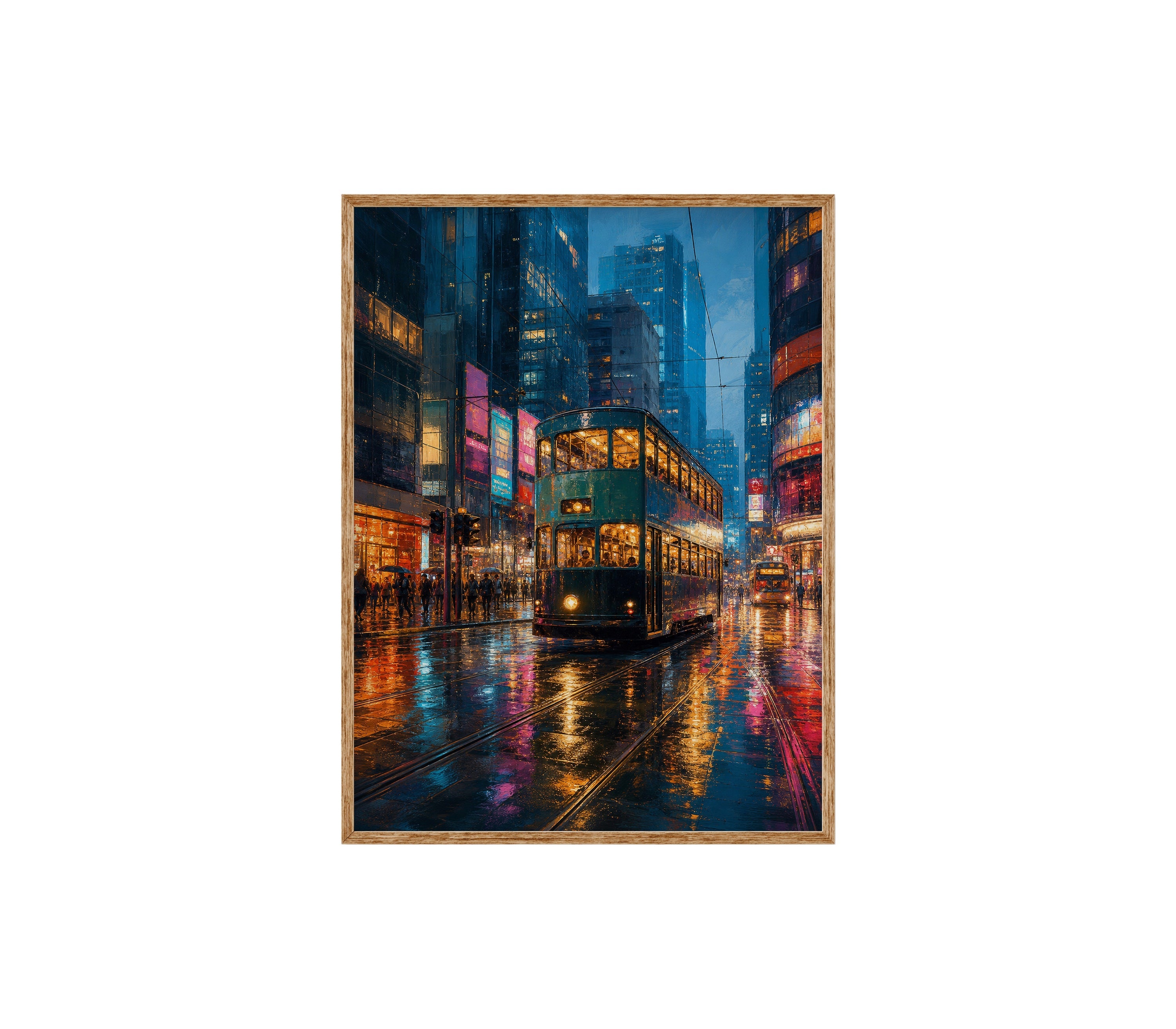 Neon Bus Rain Avenue poster print preview by Seji Art
