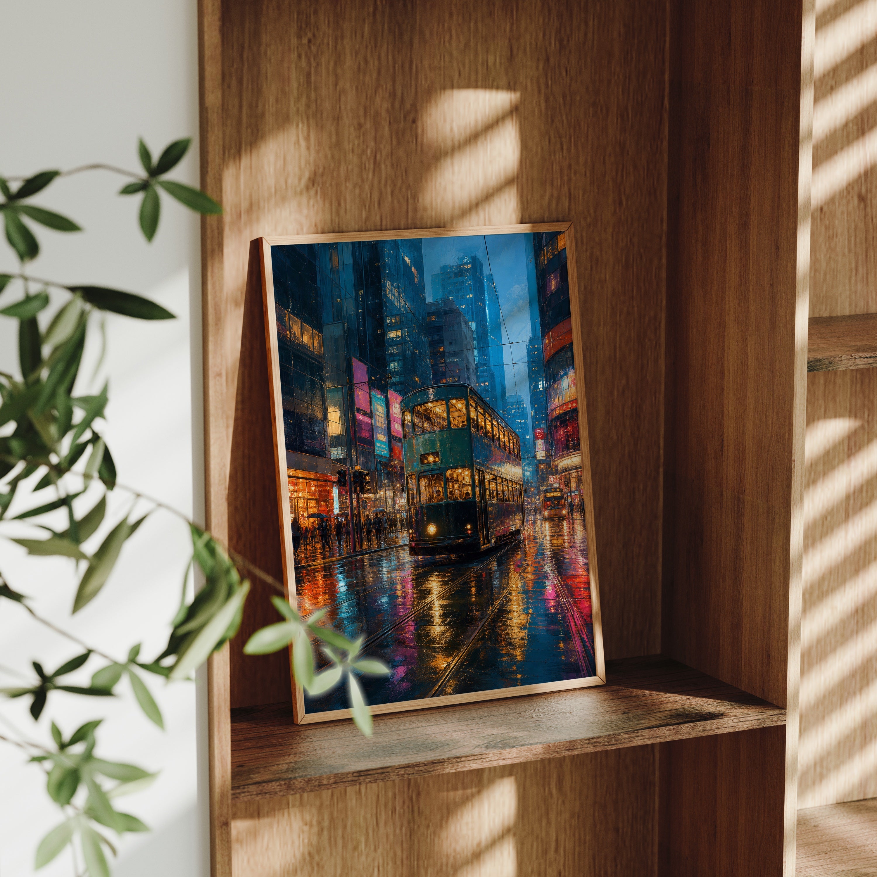 Neon Bus Rain Avenue poster gallery shelf mockup by Seji Art