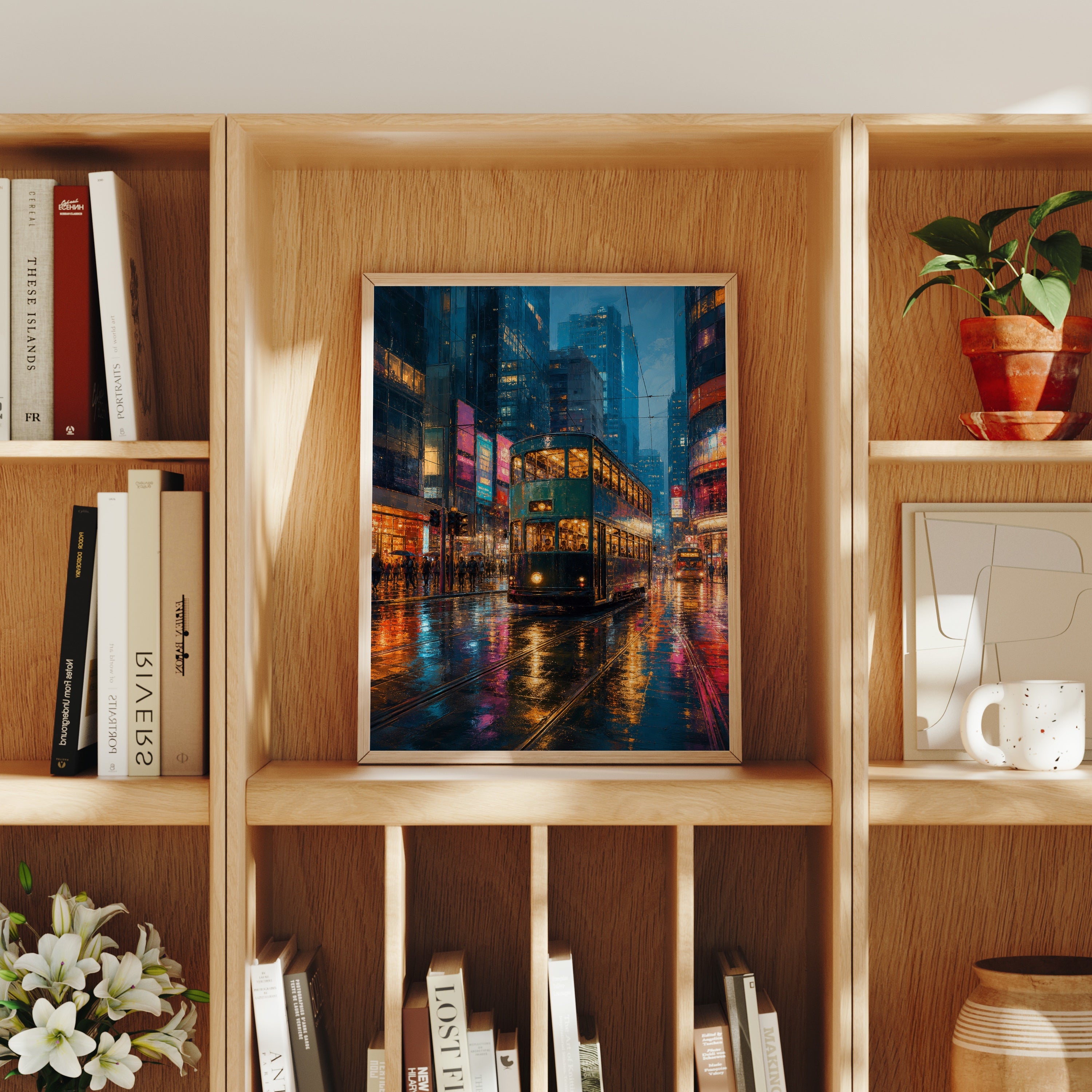 Neon Bus Rain Avenue poster home decor mockup by Seji Art