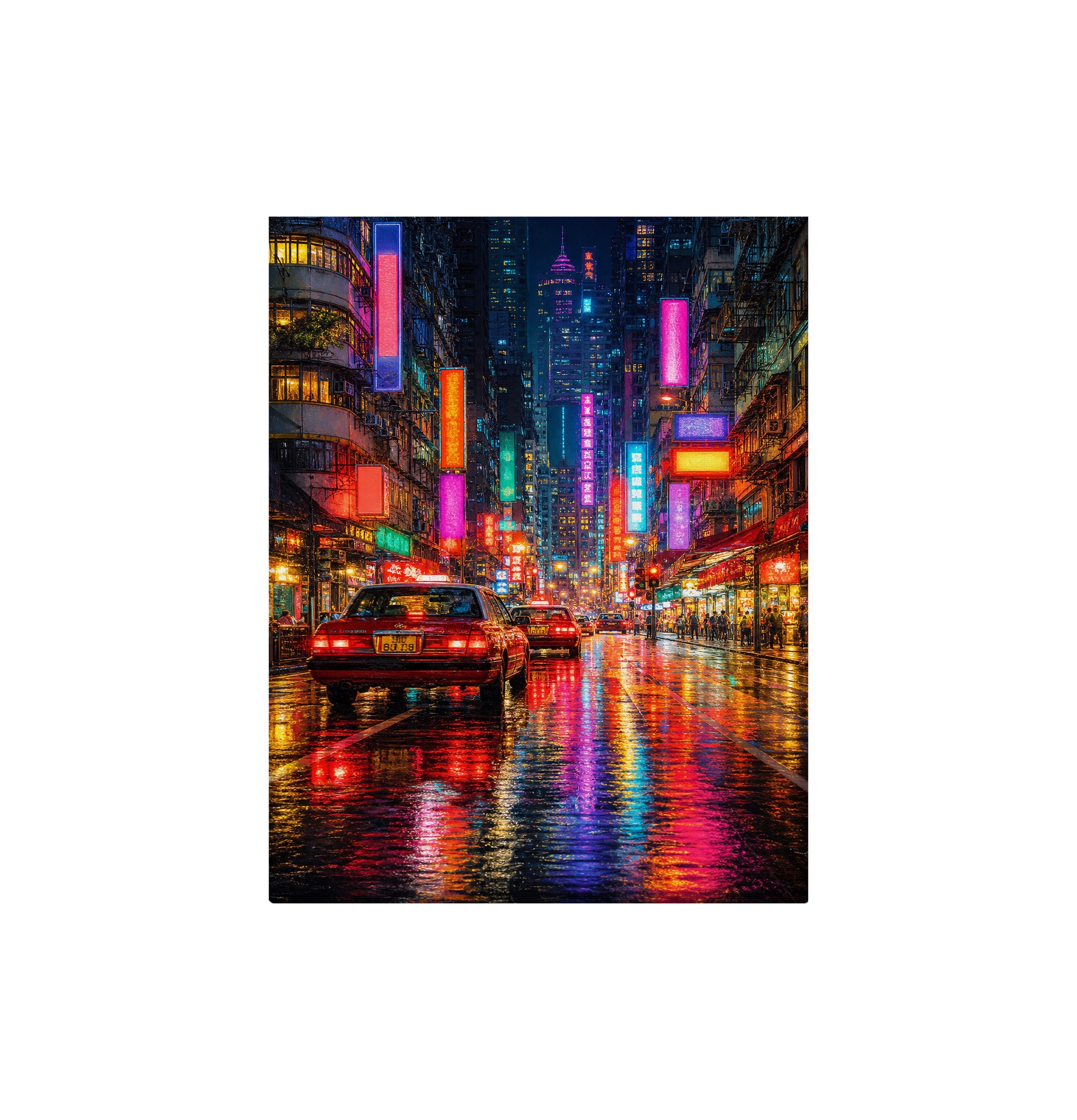 Neon City Rain Street canvas wall art preview by Seji Art