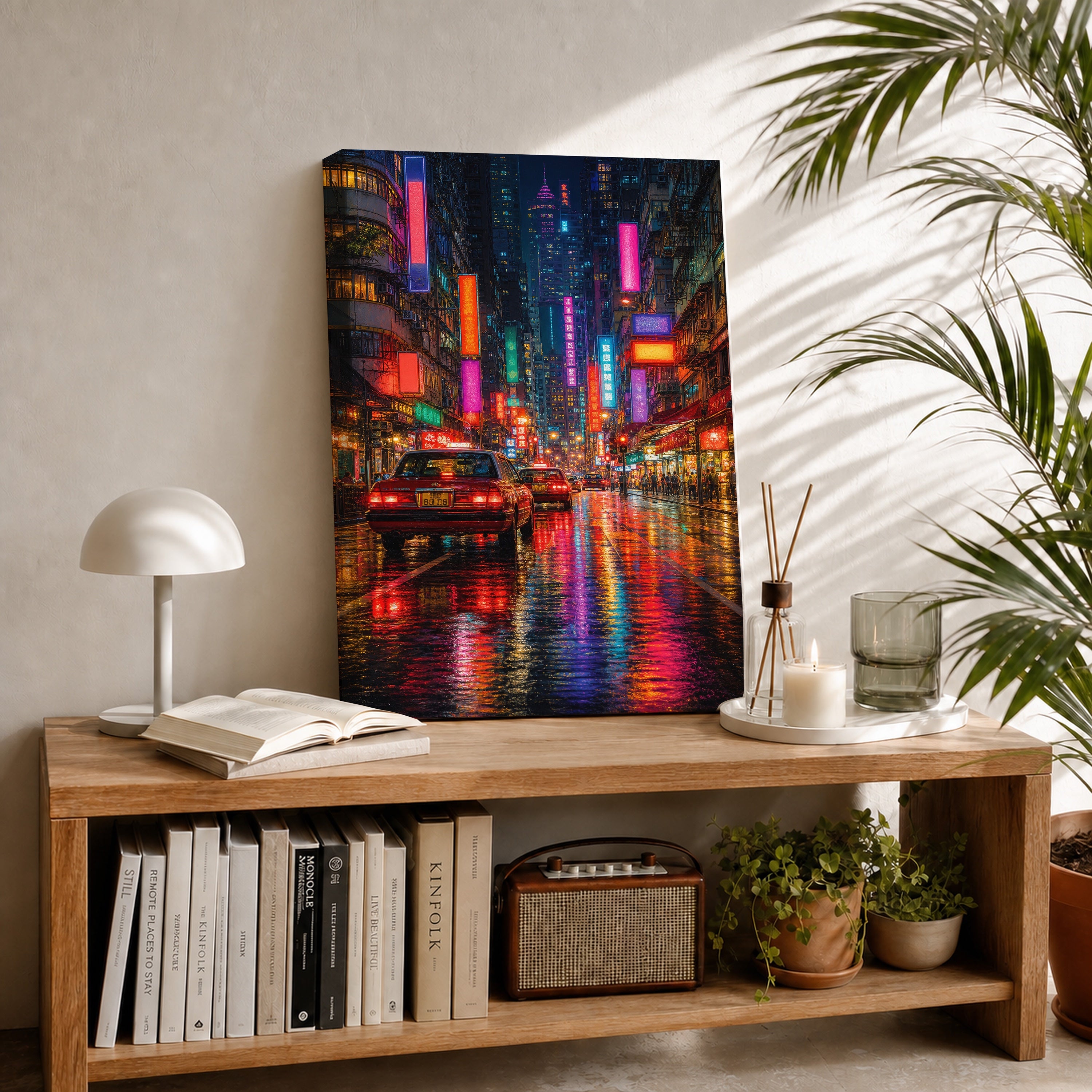 Neon City Rain Street canvas room mockup by Seji Art