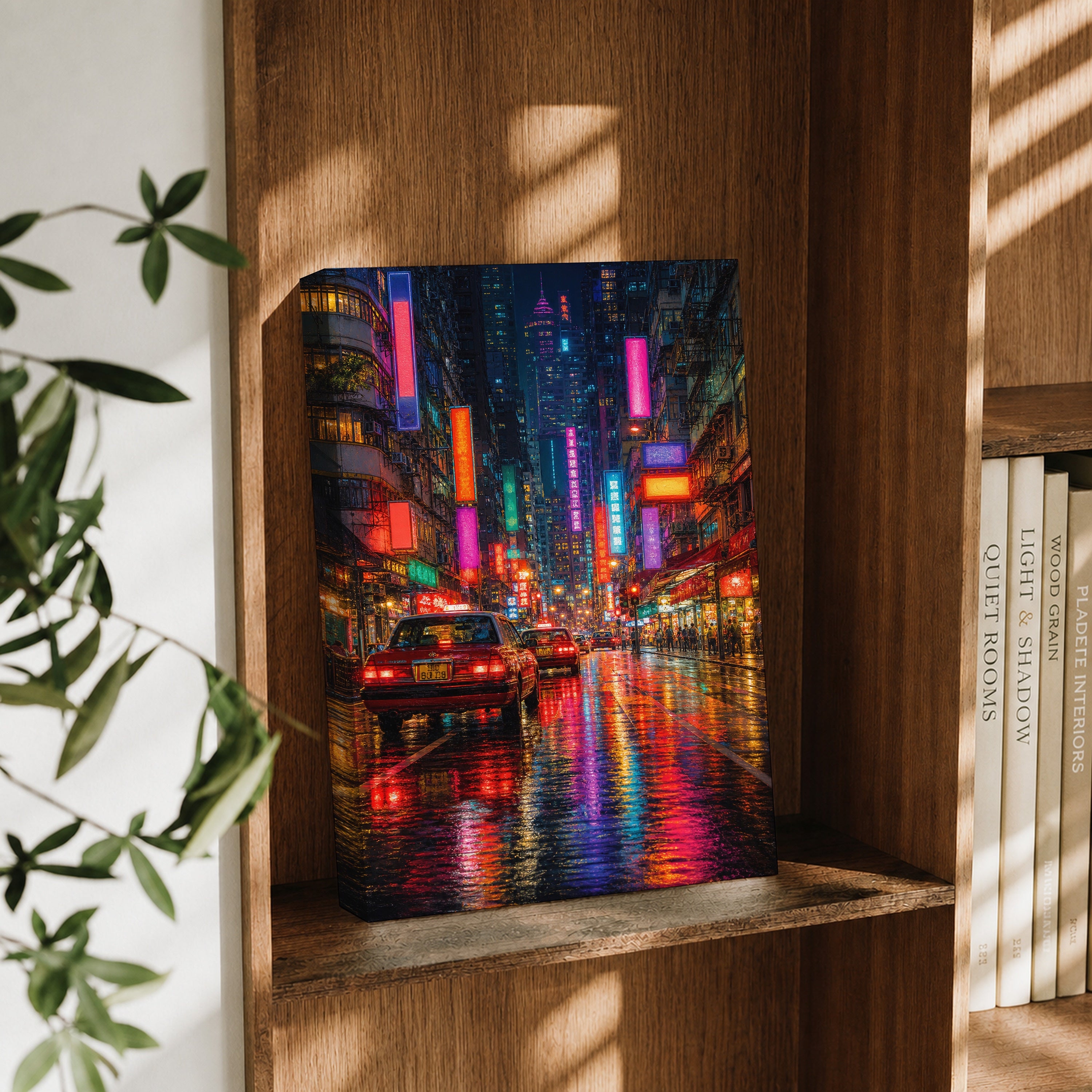 Neon City Rain Street canvas wall art decor mockup by Seji Art