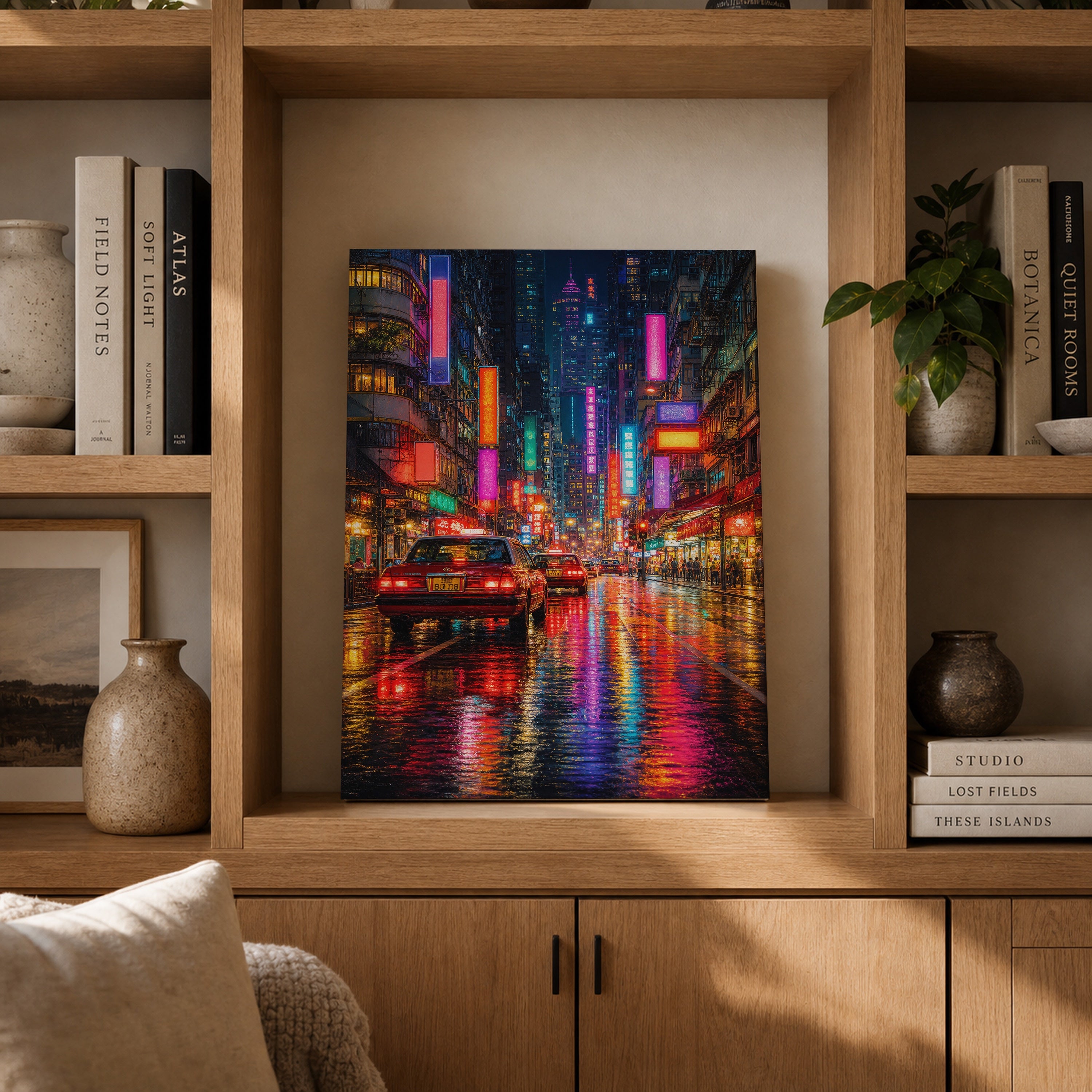 Neon City Rain Street canvas gallery shelf mockup by Seji Art