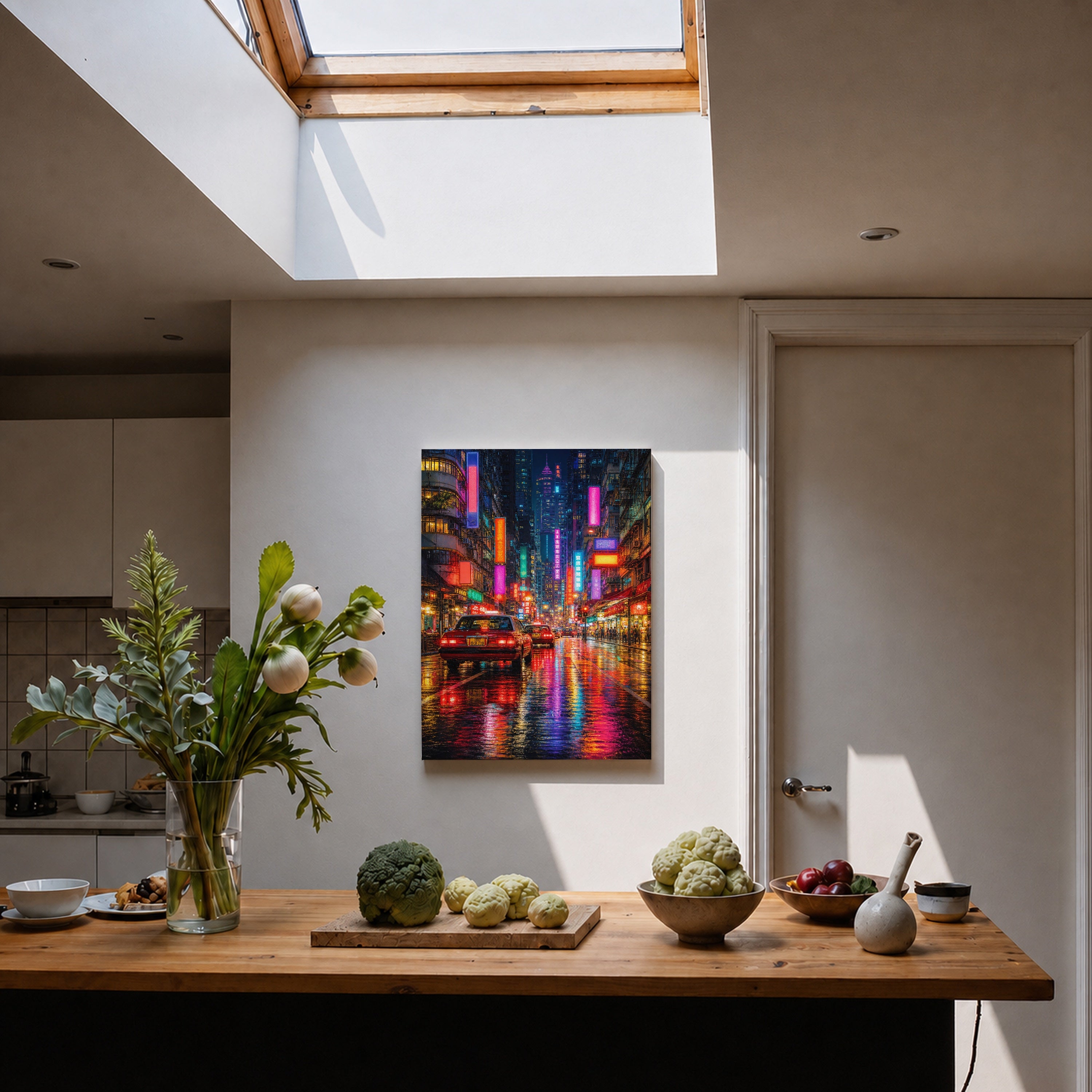 Neon City Rain Street canvas home decor mockup by Seji Art