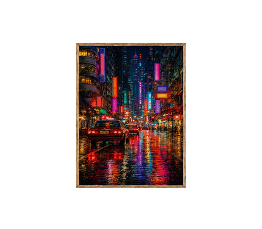 Neon City Rain Street poster print preview by Seji Art