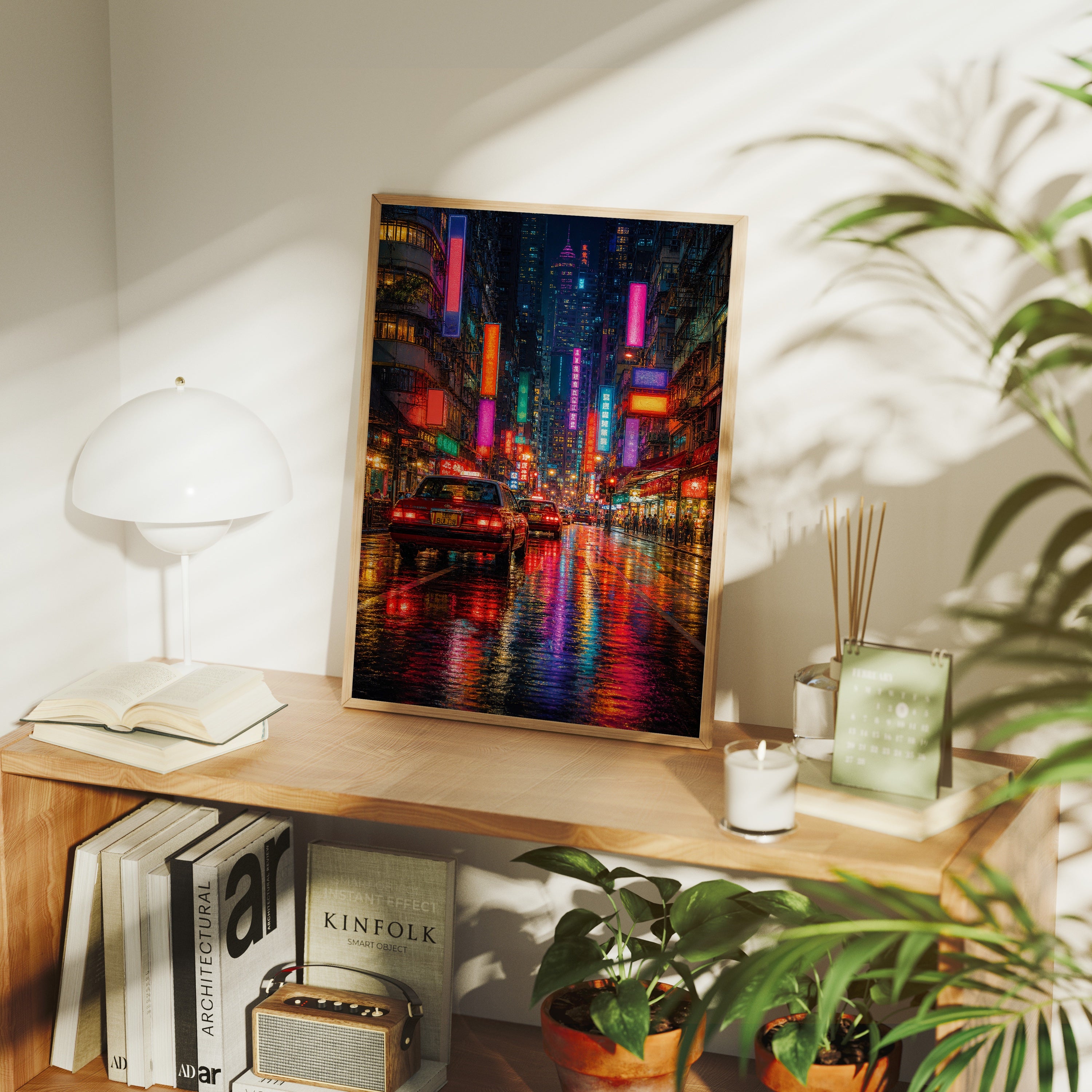 Neon City Rain Street poster framed room mockup by Seji Art