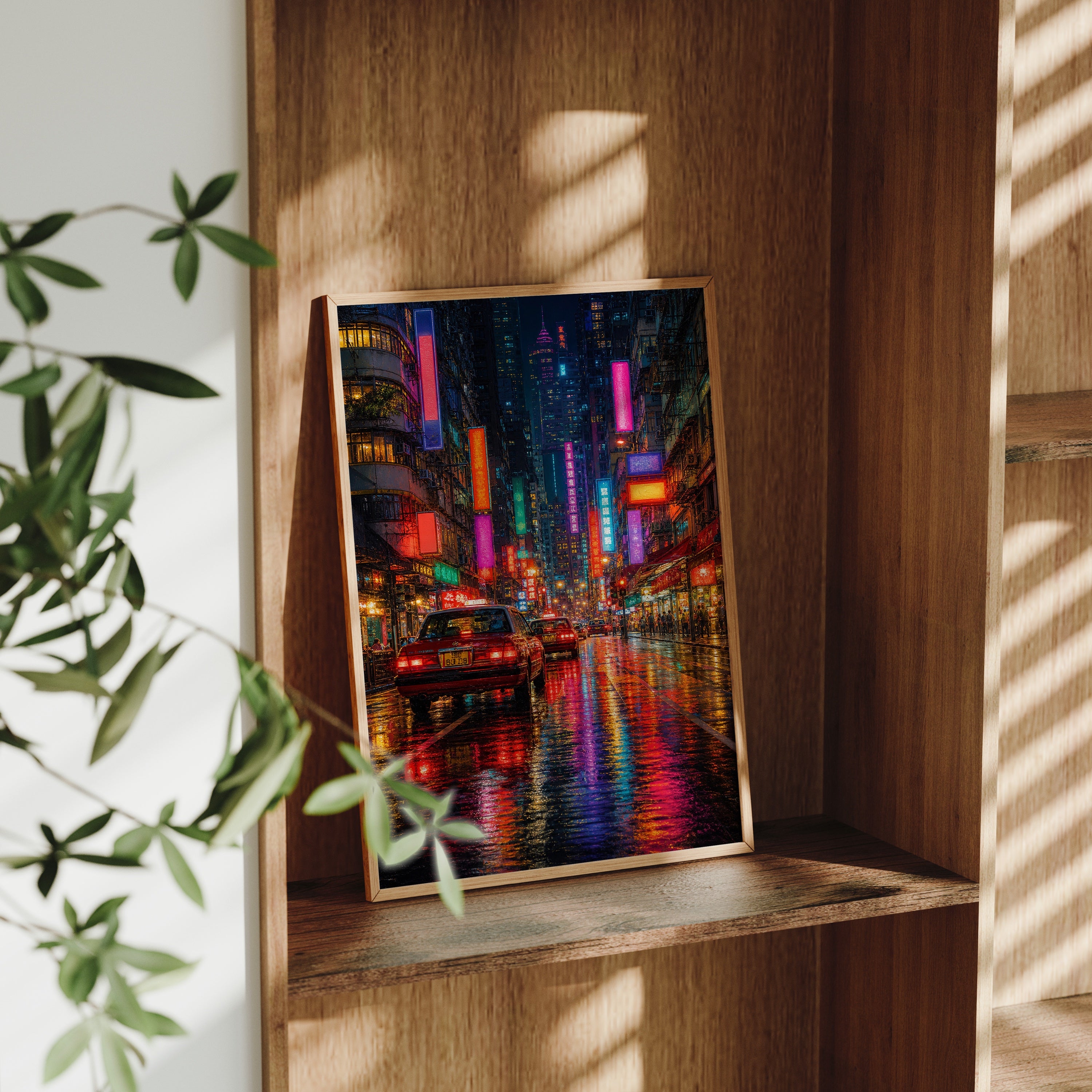 Neon City Rain Street poster gallery shelf mockup by Seji Art