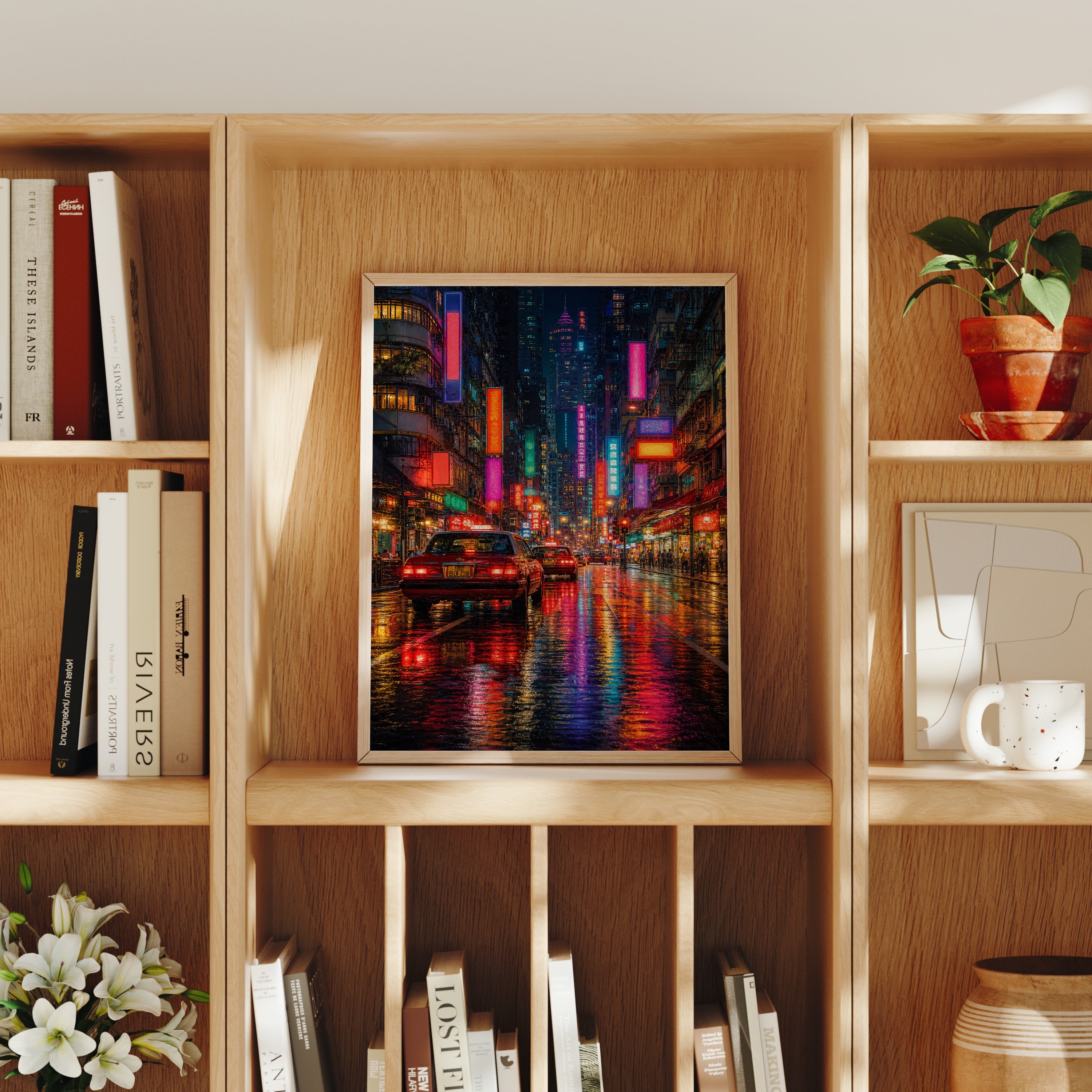 Neon City Rain Street poster home decor mockup by Seji Art