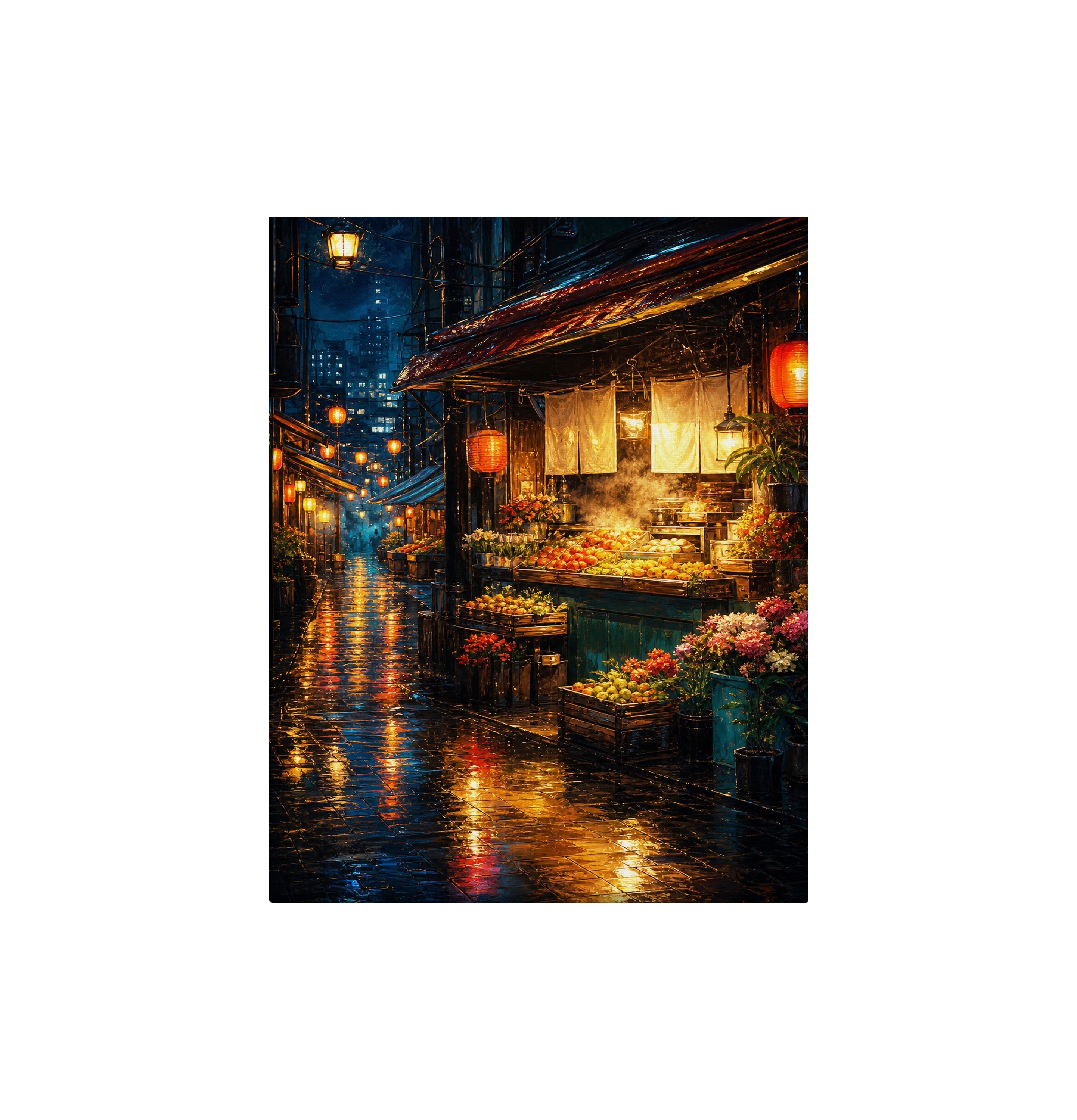 Neon Rain Canal Night canvas wall art preview by Seji Art