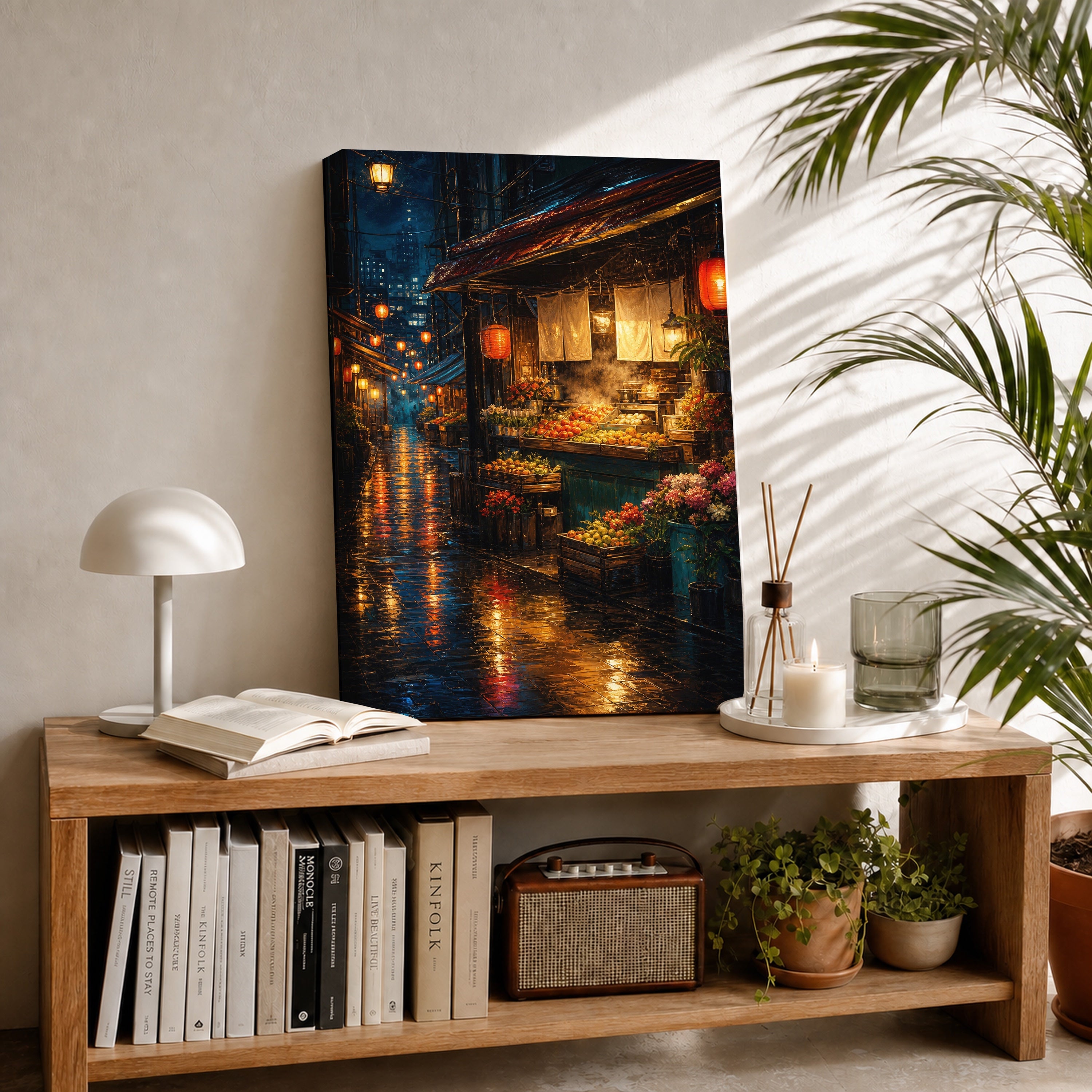 Neon Rain Canal Night canvas room mockup by Seji Art
