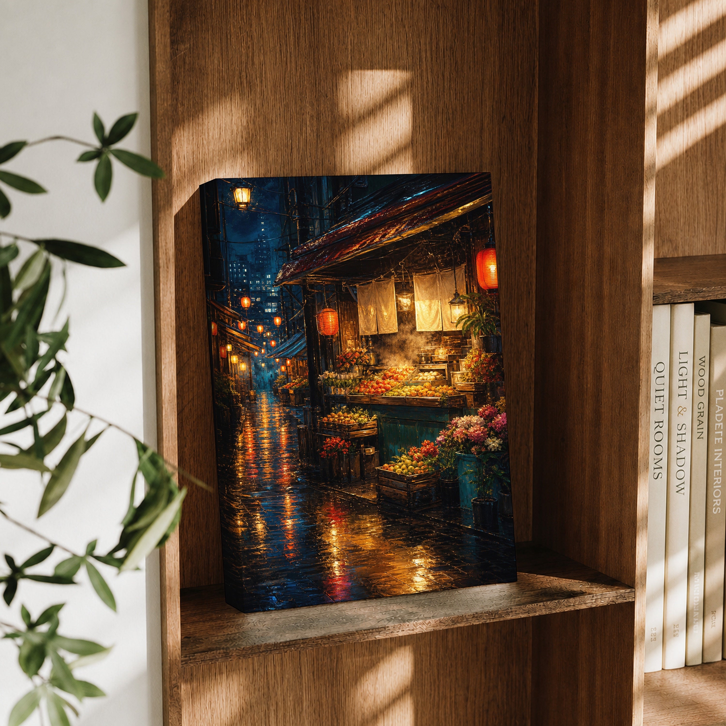 Neon Rain Canal Night canvas wall art decor mockup by Seji Art