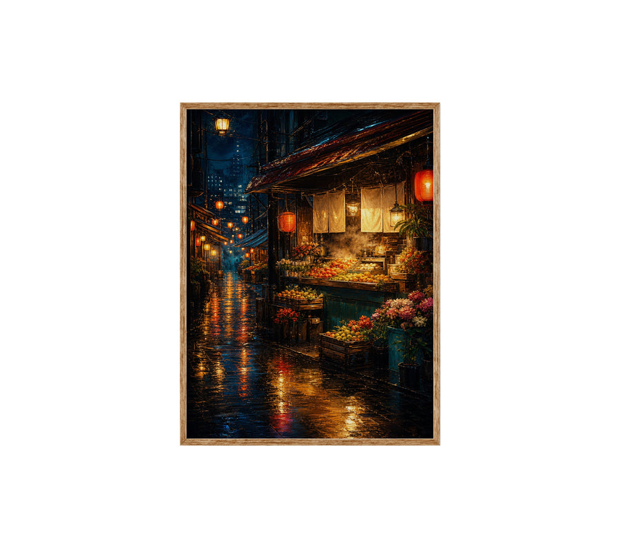 Neon Rain Canal Night poster print preview by Seji Art
