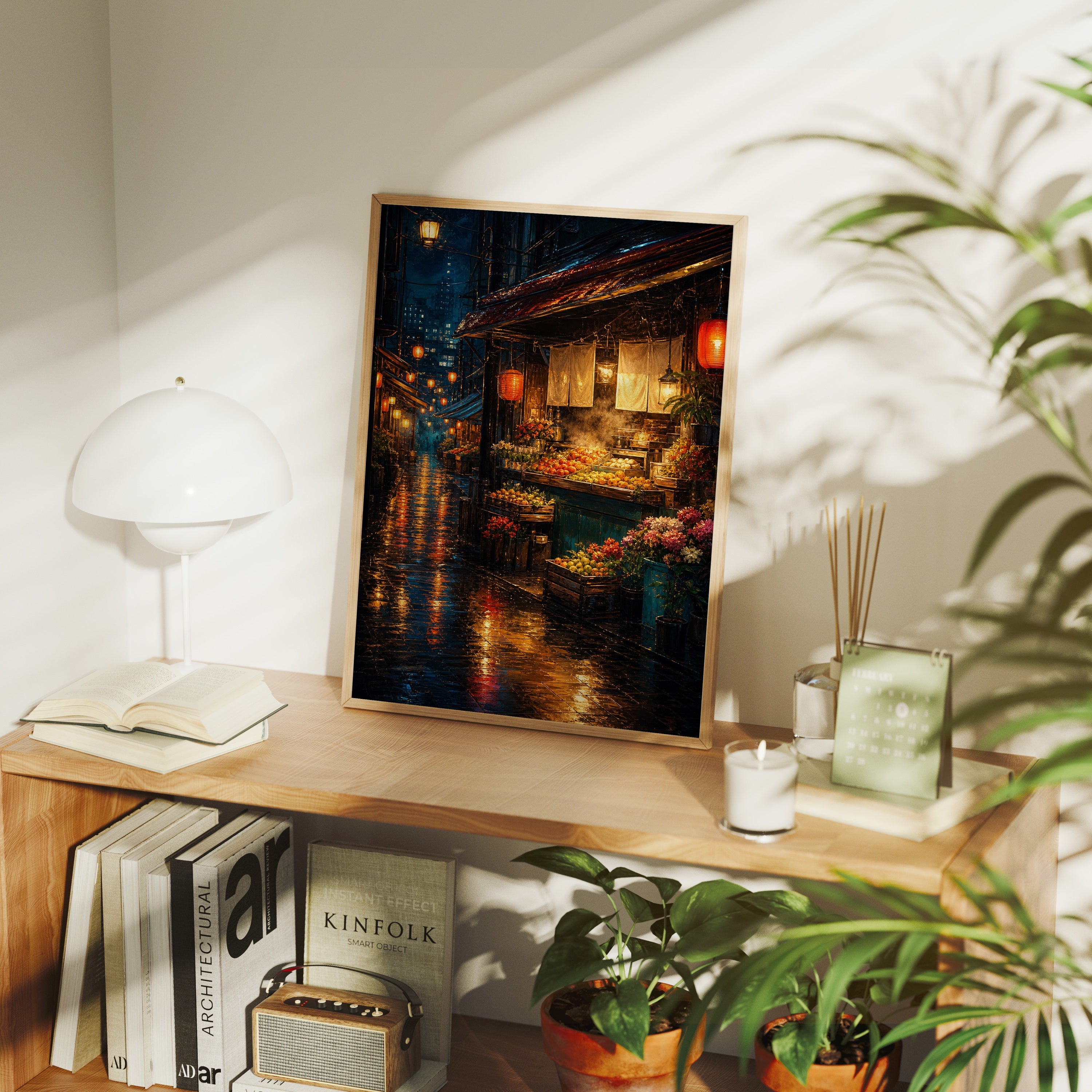 Neon Rain Canal Night poster framed room mockup by Seji Art