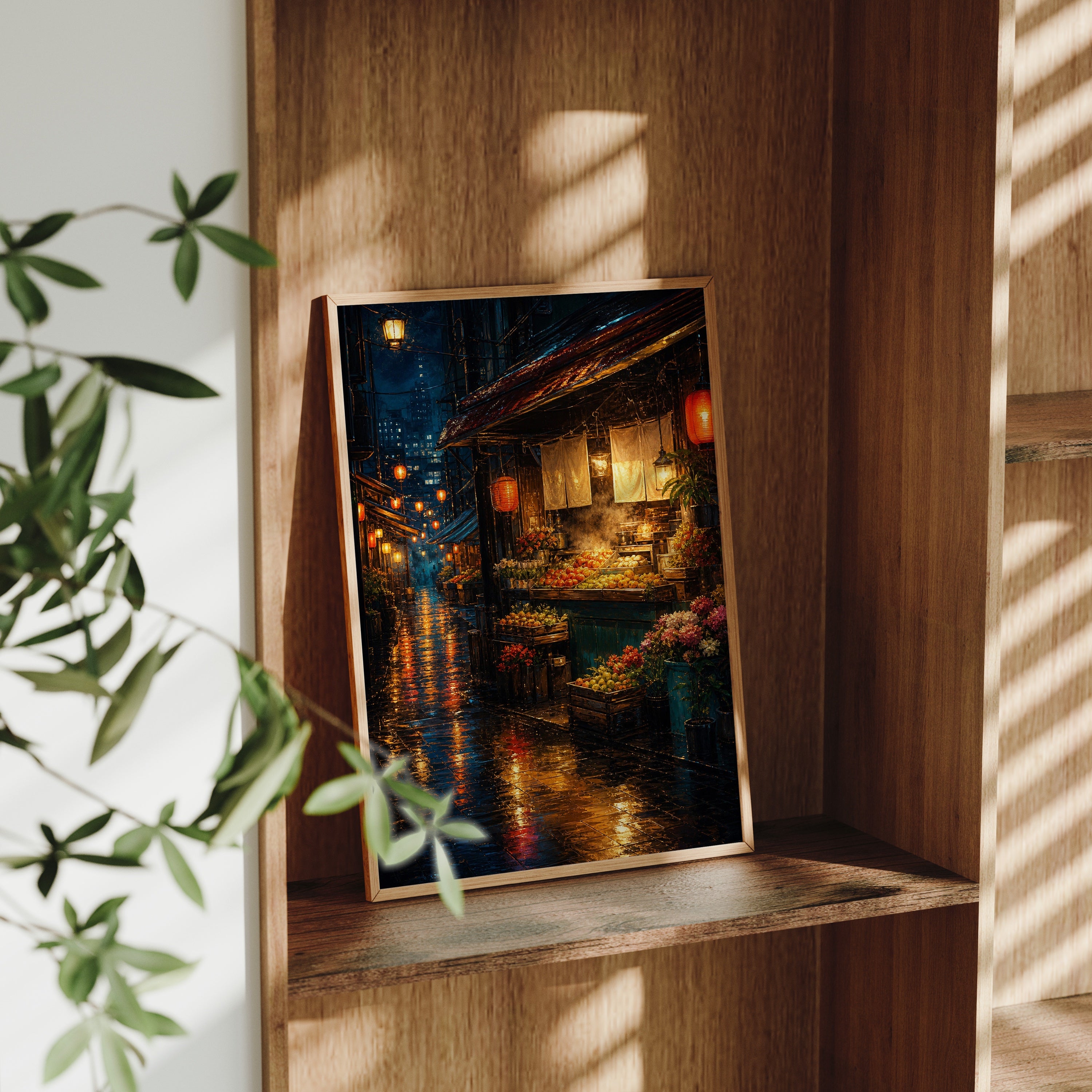 Neon Rain Canal Night poster gallery shelf mockup by Seji Art