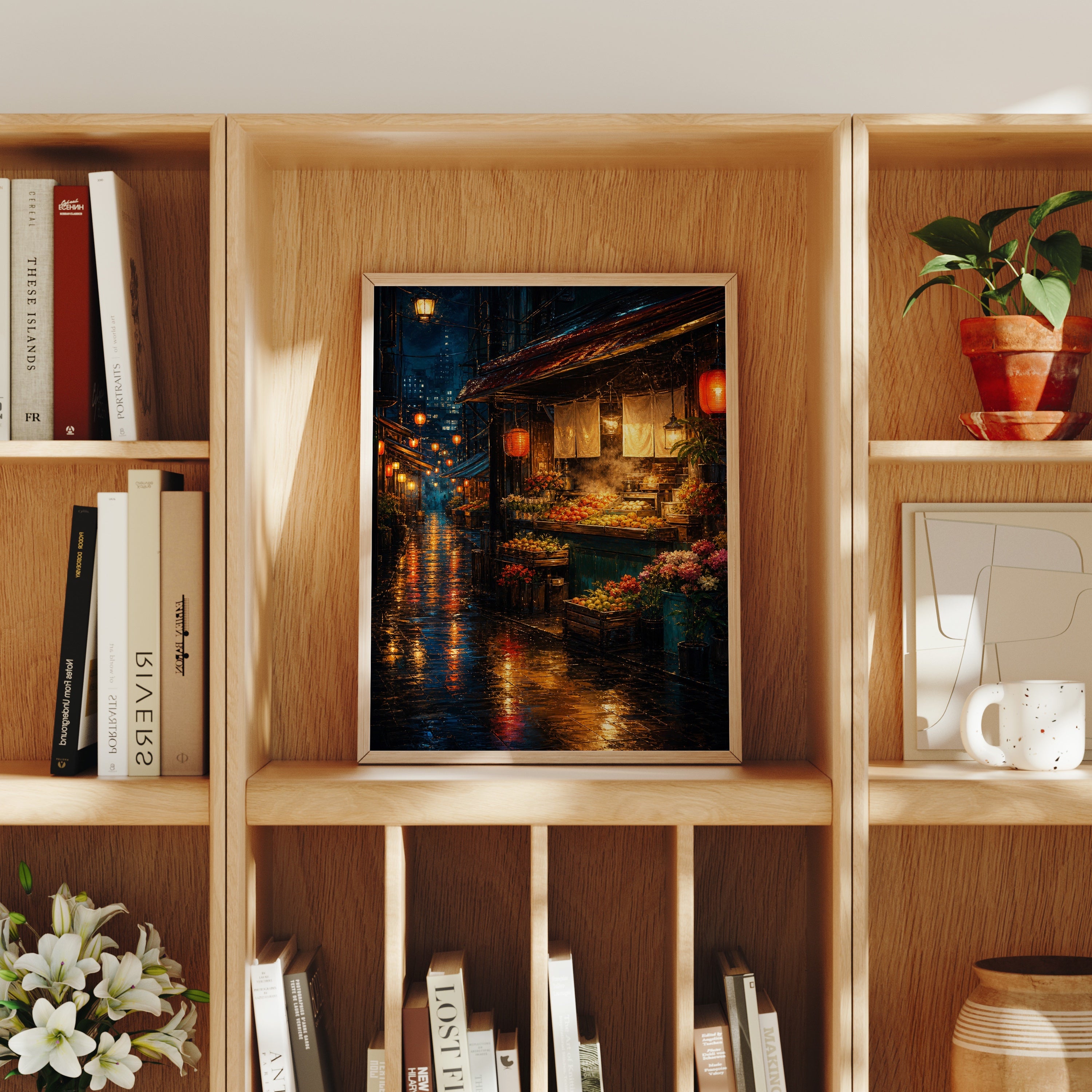 Neon Rain Canal Night poster home decor mockup by Seji Art