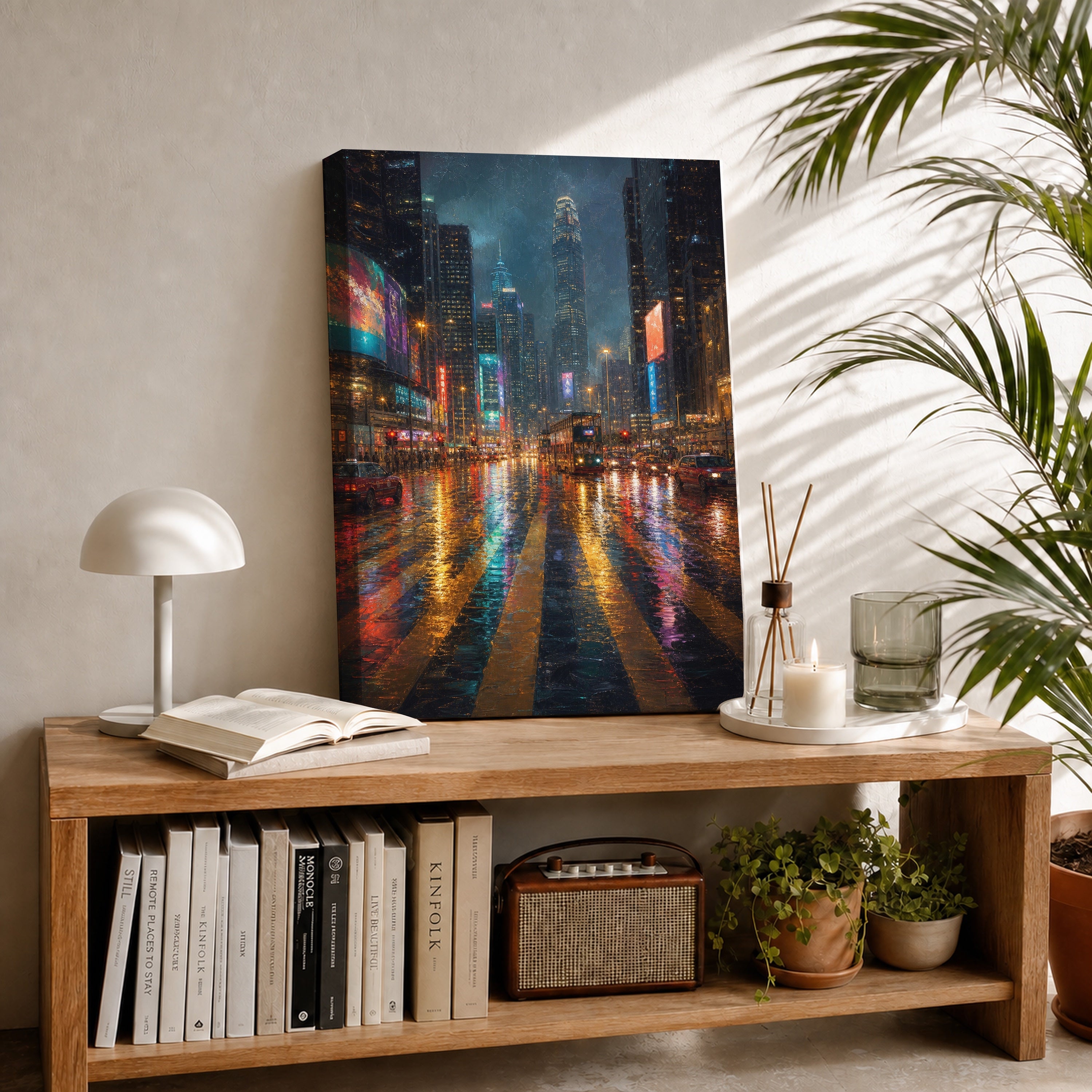 Neon Rain City Boulevard canvas room mockup by Seji Art