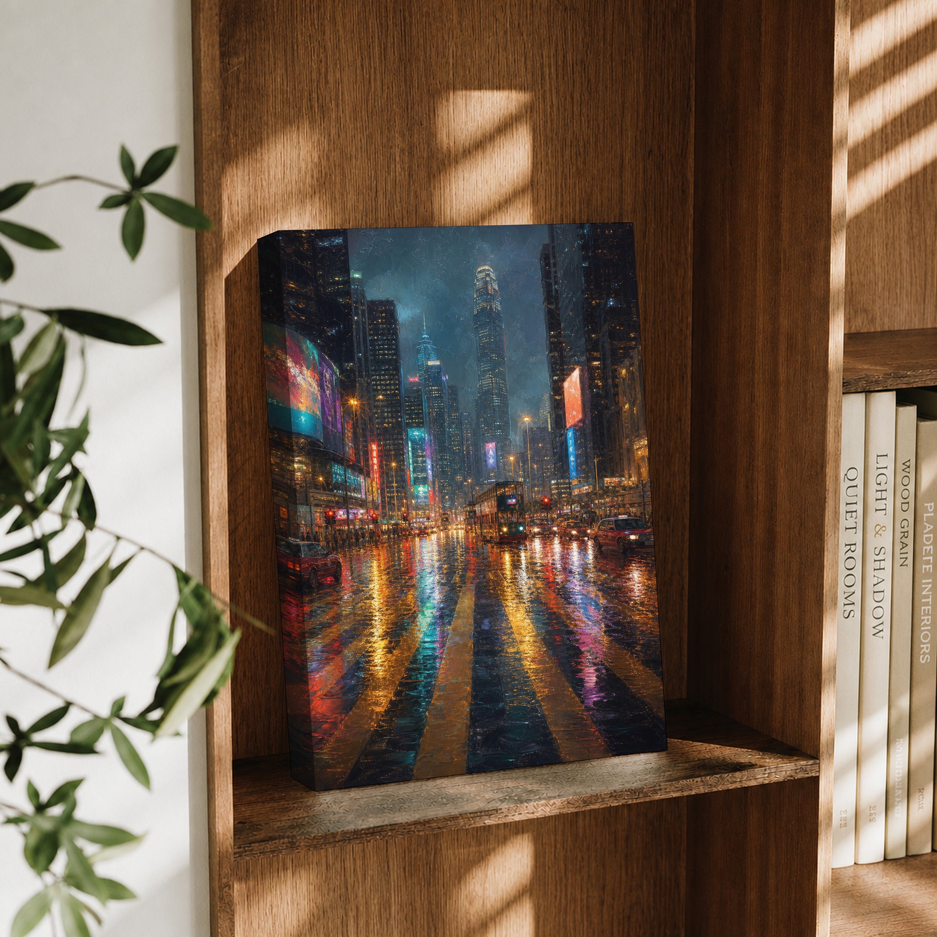 Neon Rain City Boulevard canvas wall art decor mockup by Seji Art