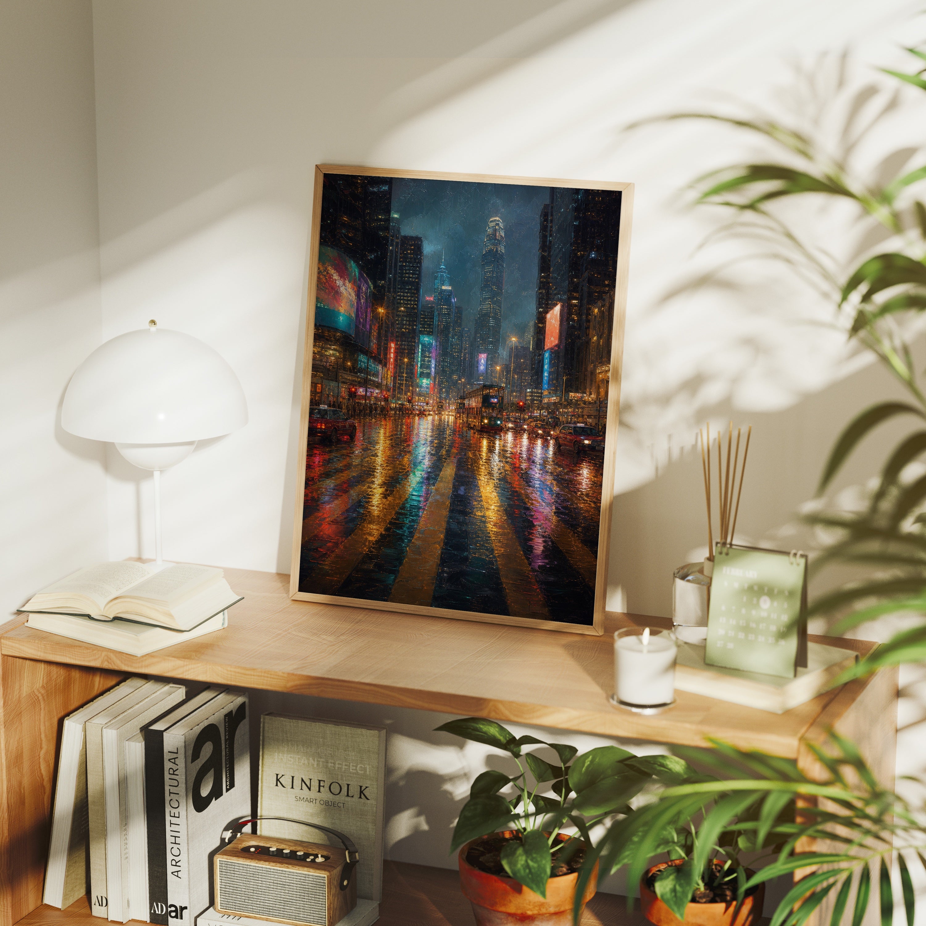 Neon Rain City Boulevard poster framed room mockup by Seji Art