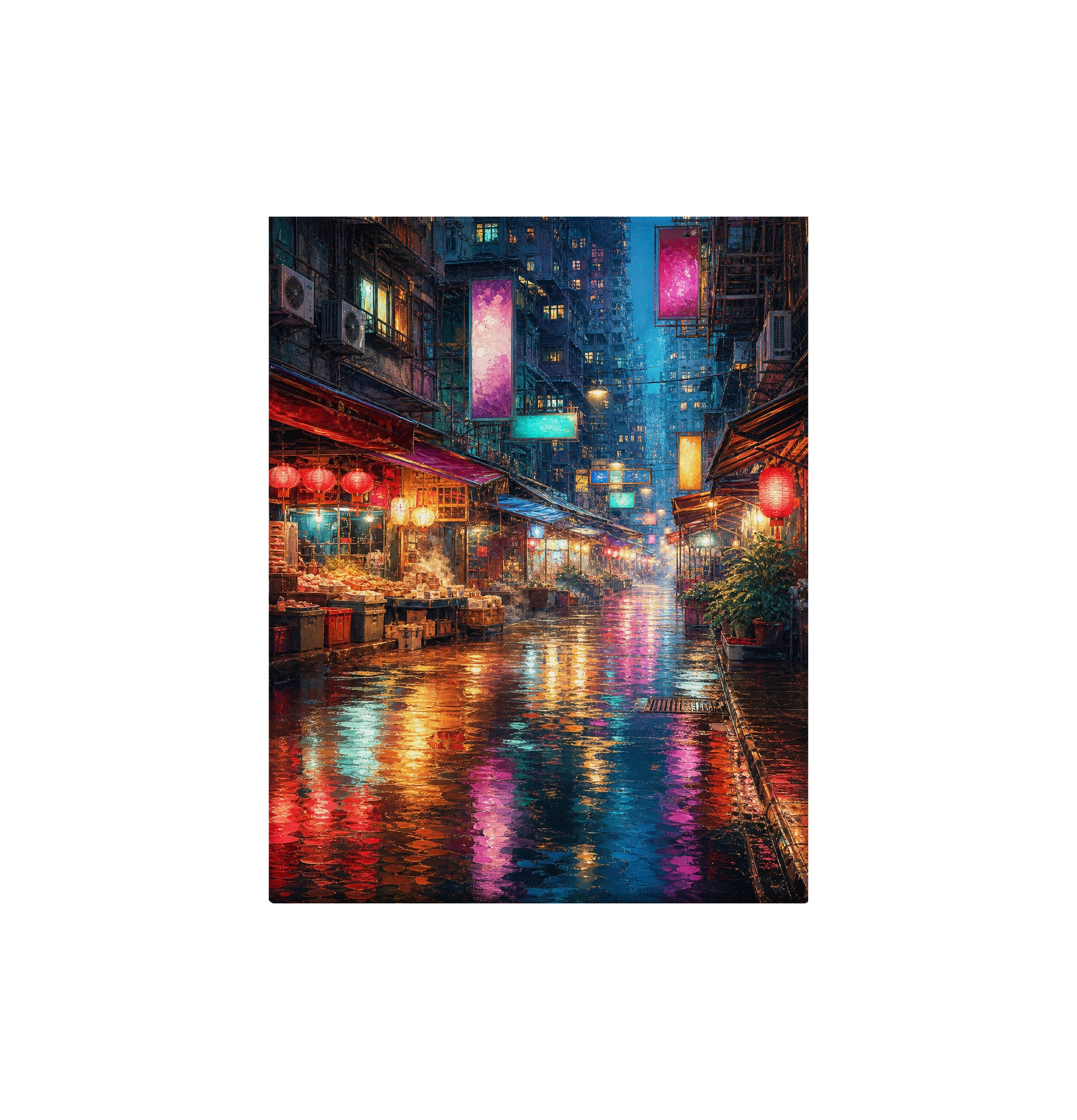 Neon Rain Market Street canvas wall art preview by Seji Art
