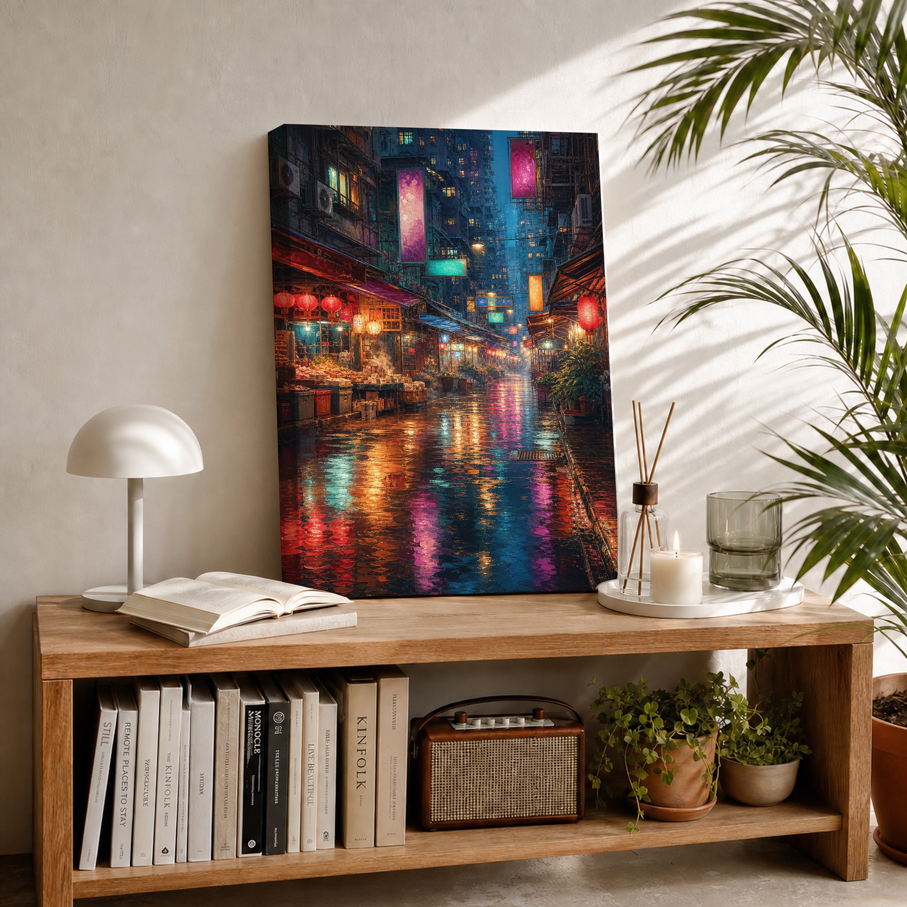 Neon Rain Market Street canvas room mockup by Seji Art
