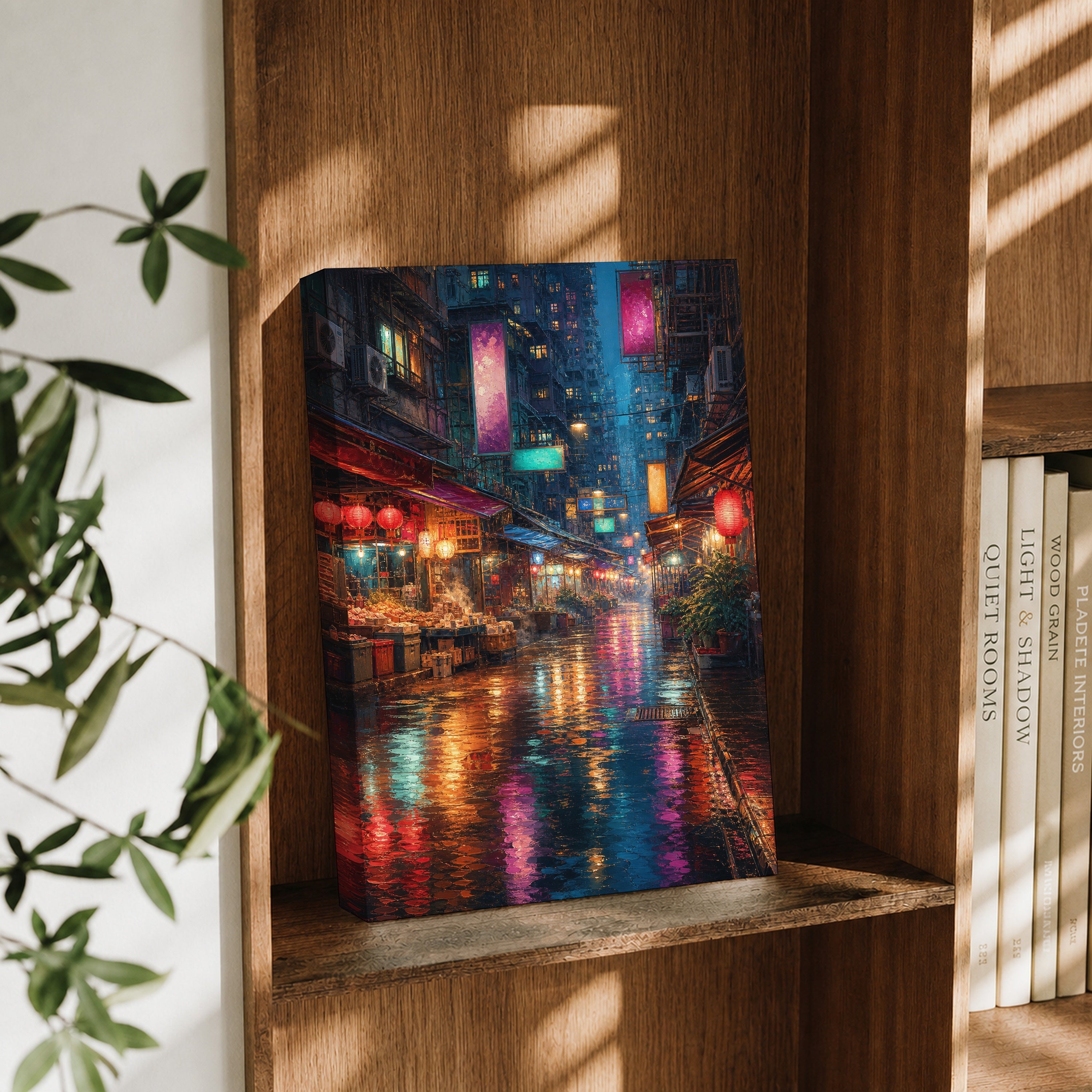 Neon Rain Market Street canvas wall art decor mockup by Seji Art