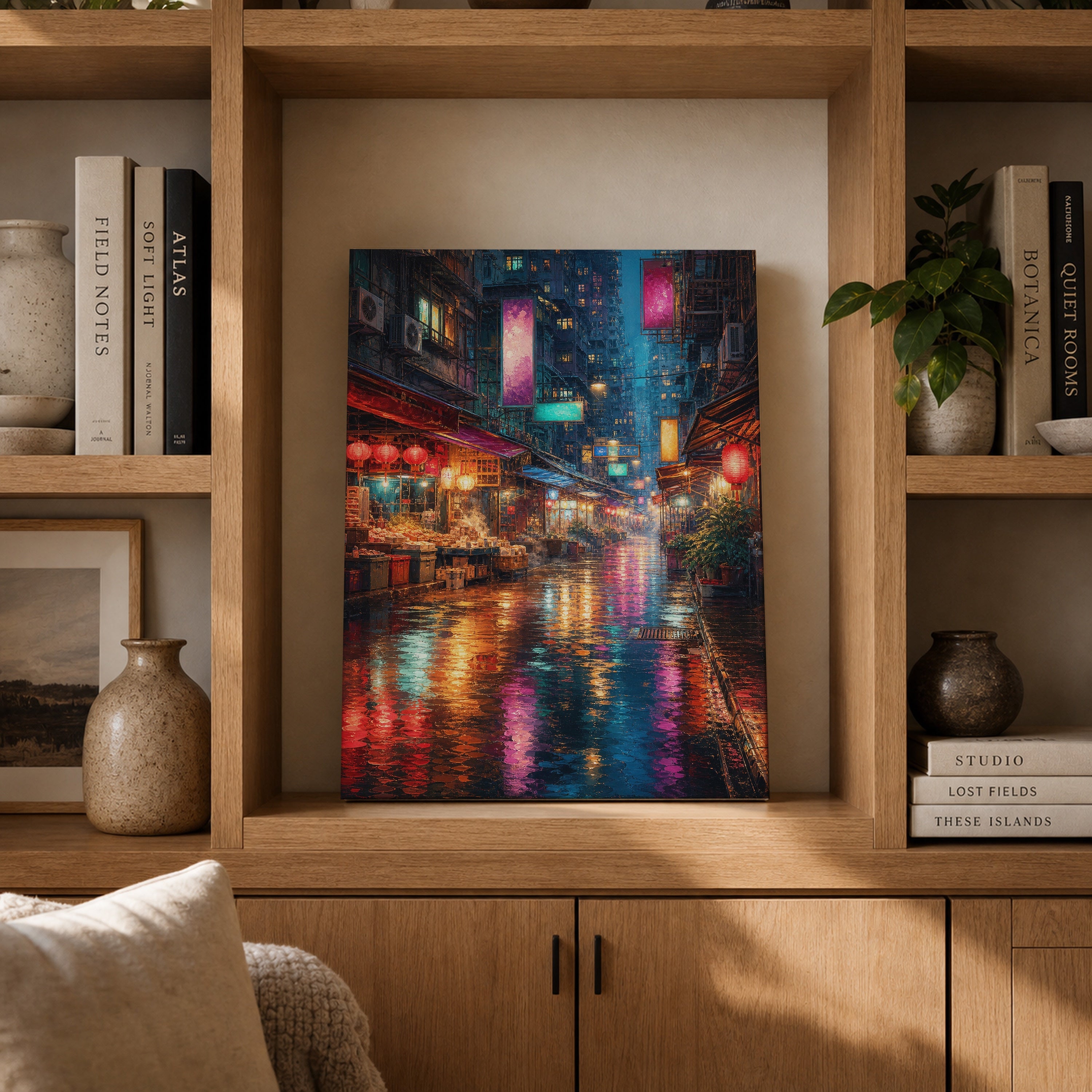 Neon Rain Market Street canvas gallery shelf mockup by Seji Art