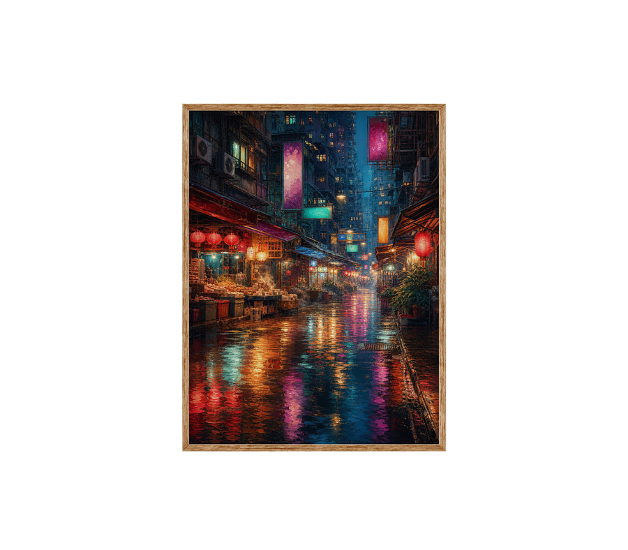 Neon Rain Market Street poster print preview by Seji Art
