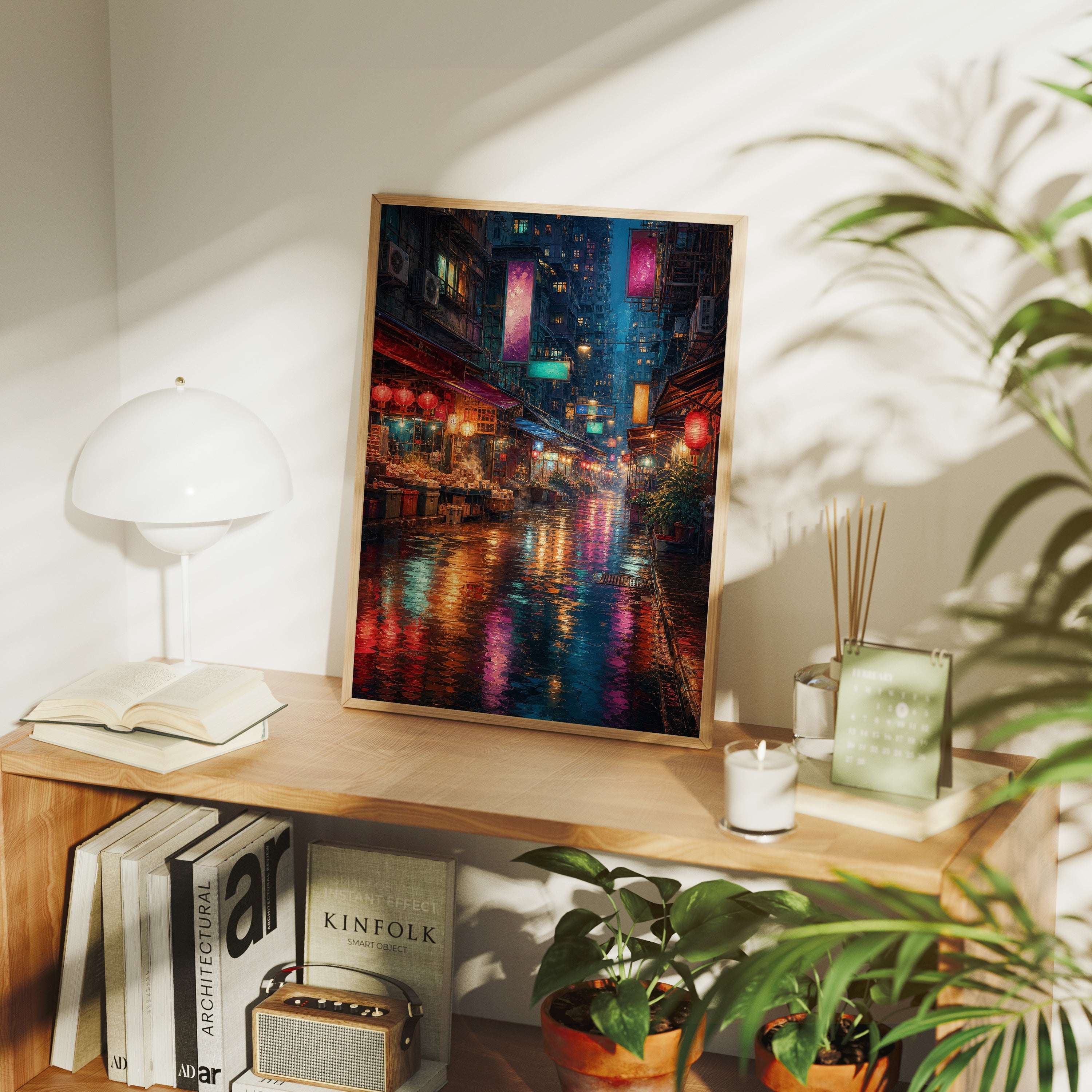 Neon Rain Market Street poster framed room mockup by Seji Art