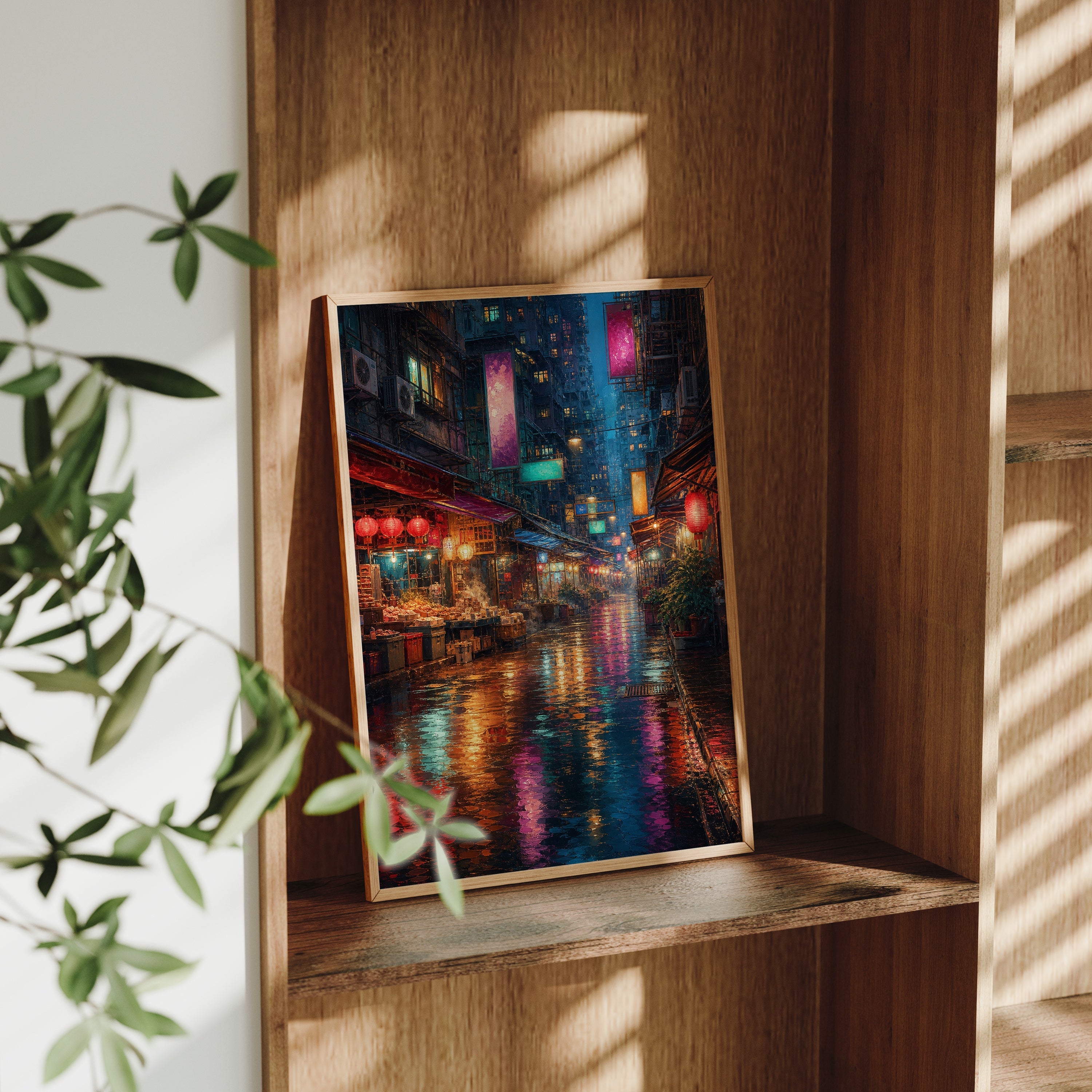 Neon Rain Market Street poster gallery shelf mockup by Seji Art