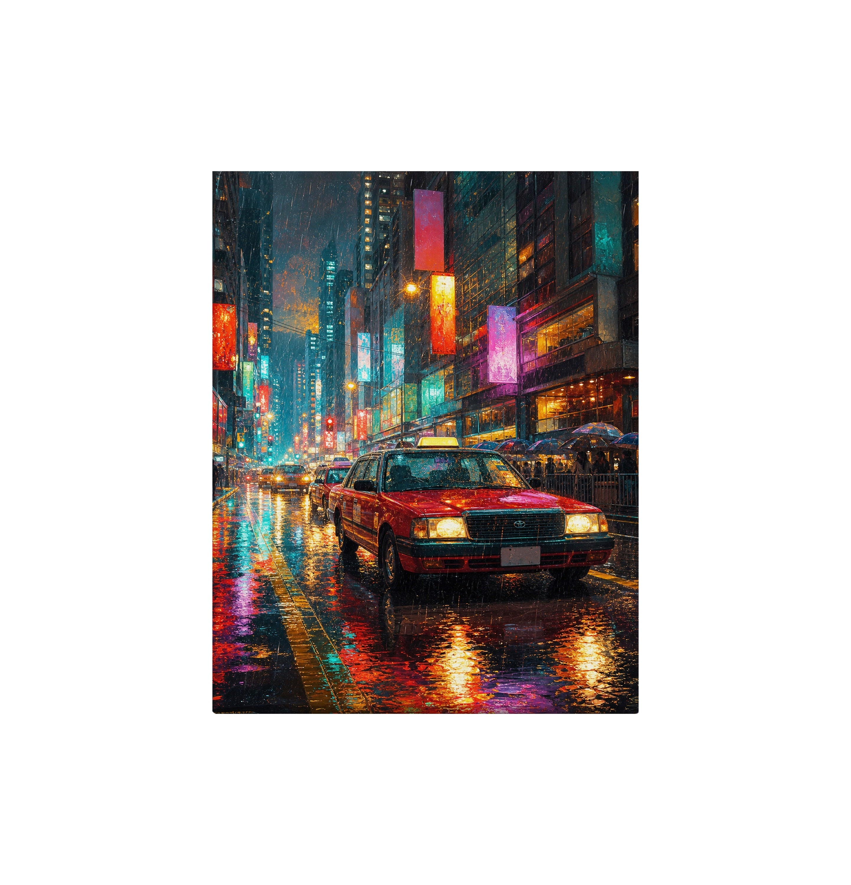 Neon Taxi Rain Street canvas wall art preview by Seji Art