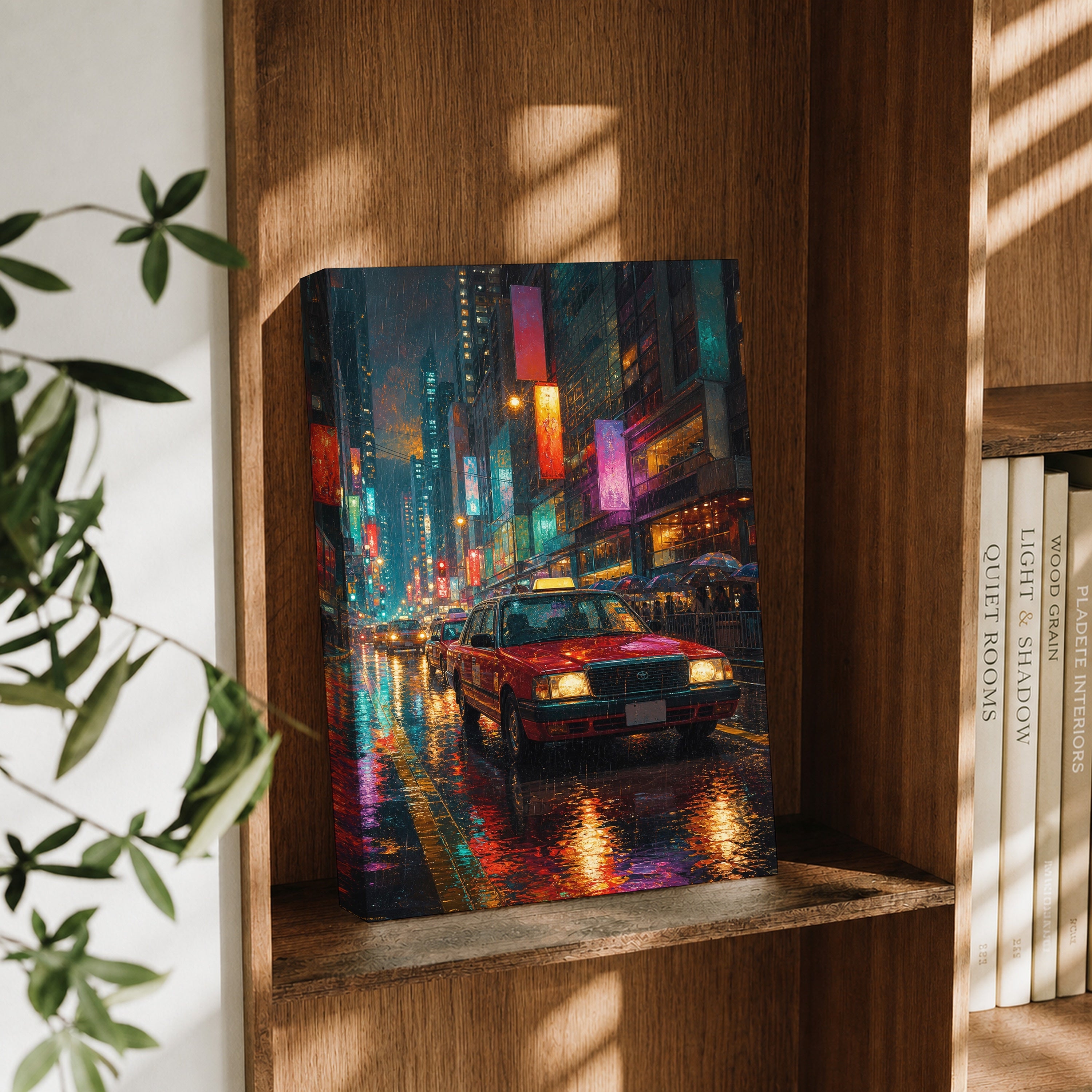 Neon Taxi Rain Street canvas wall art decor mockup by Seji Art