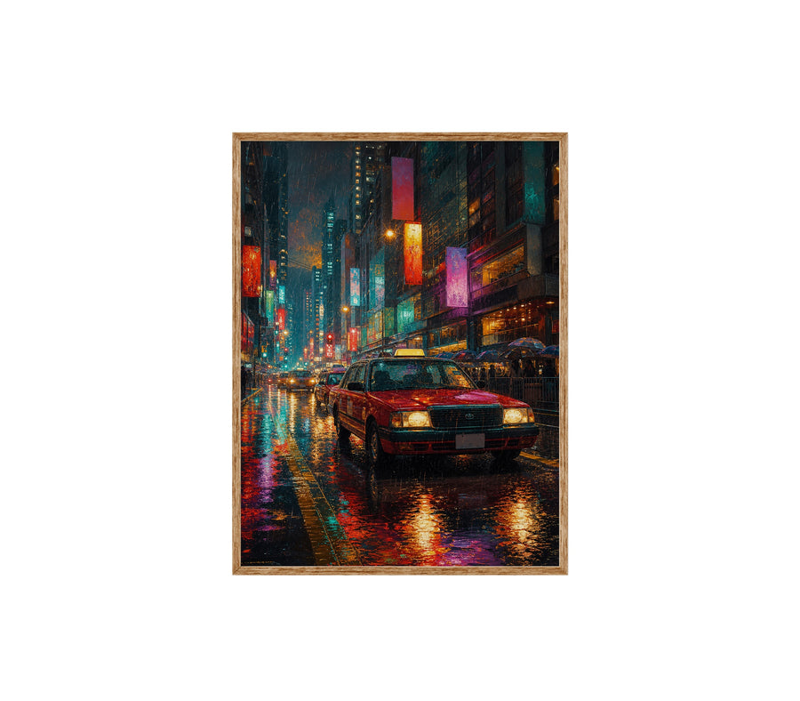 Neon Taxi Rain Street poster print preview by Seji Art