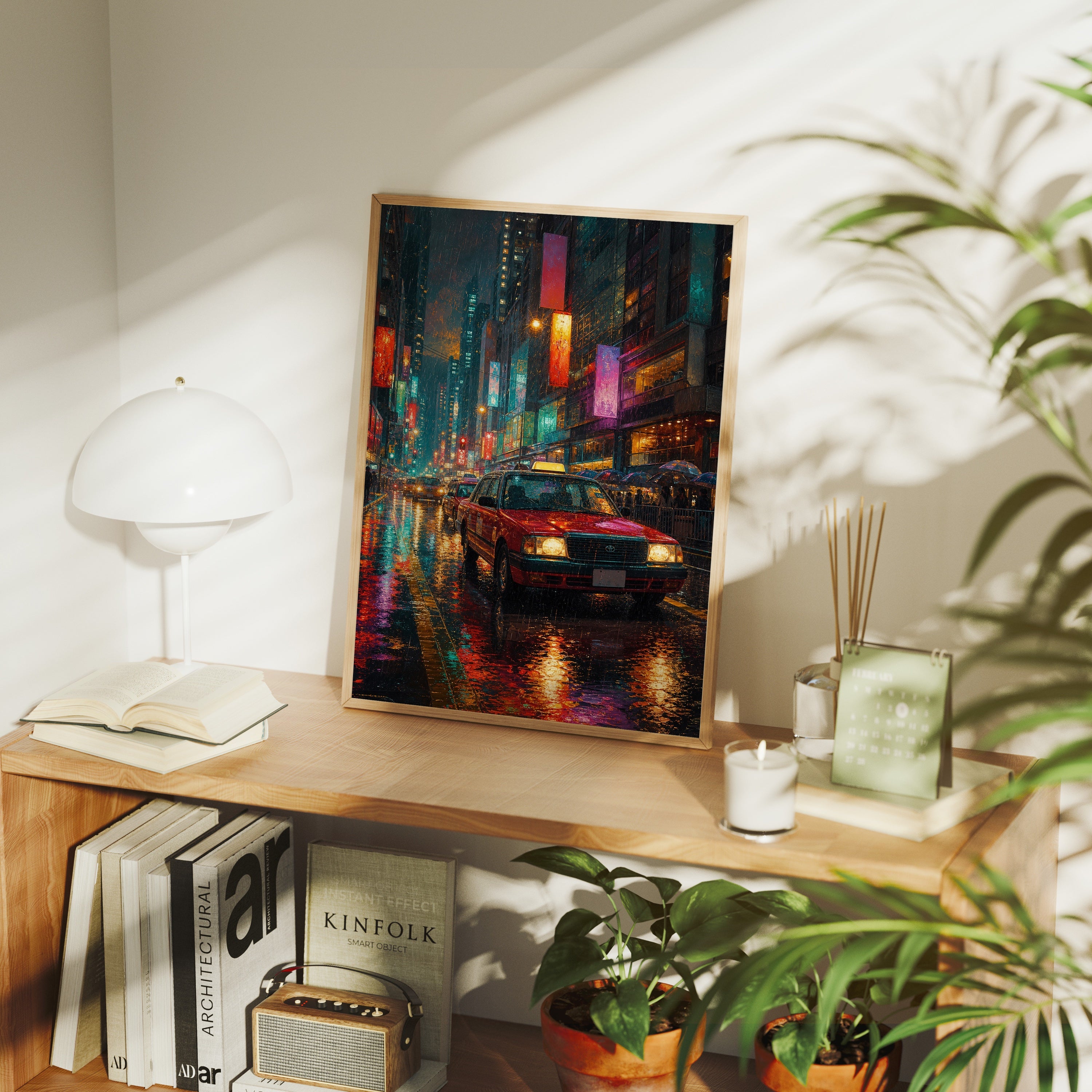 Neon Taxi Rain Street poster framed room mockup by Seji Art